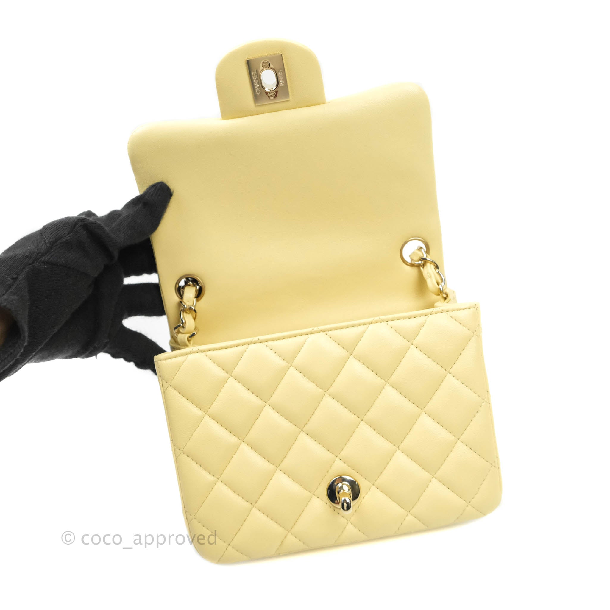 Chanel Enamel Quilted Pending CC Mini Square Flap Yellow Lambskin Aged –  Coco Approved Studio