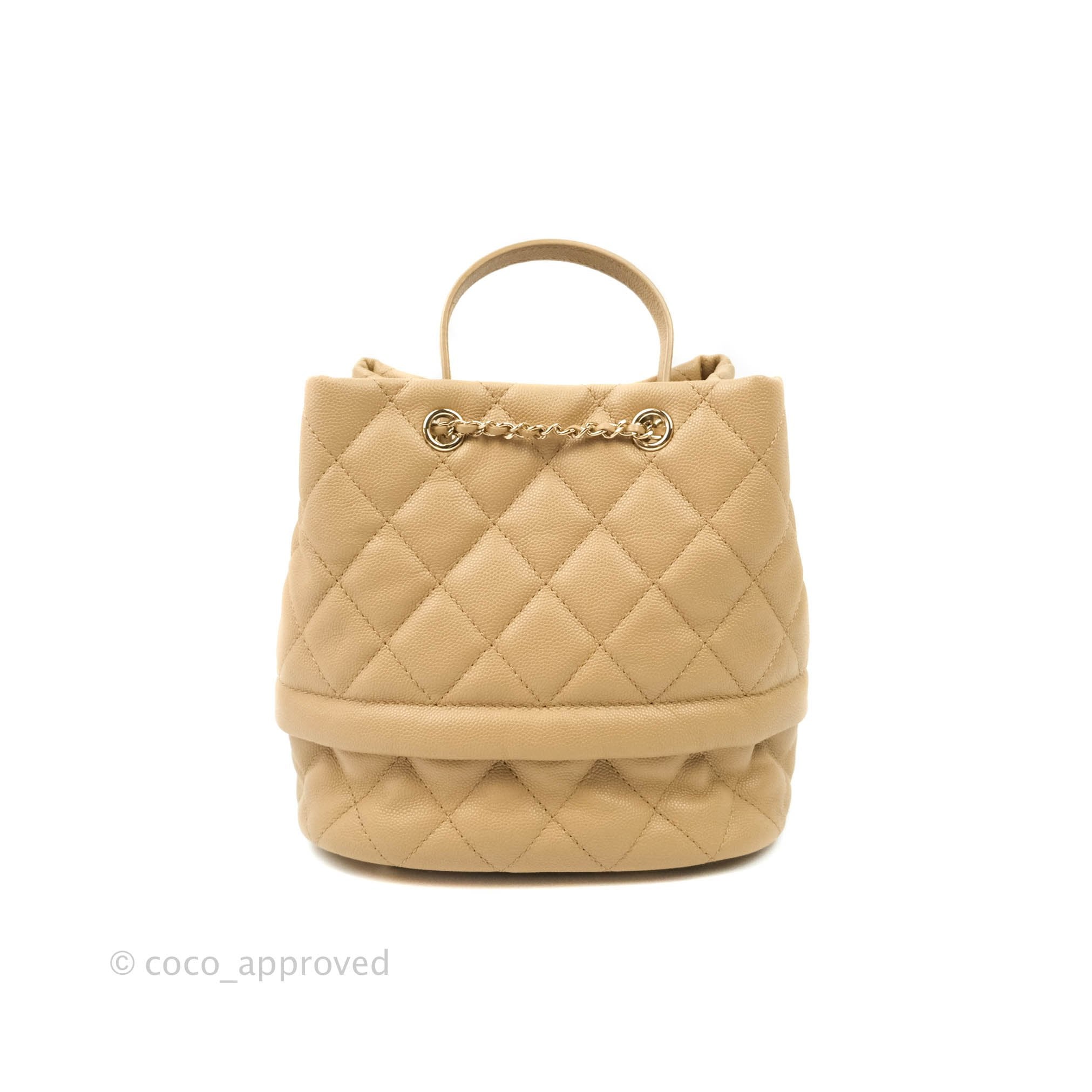 CHANEL Caviar Quilted Rolled Up Bucket Drawstring Bag Beige