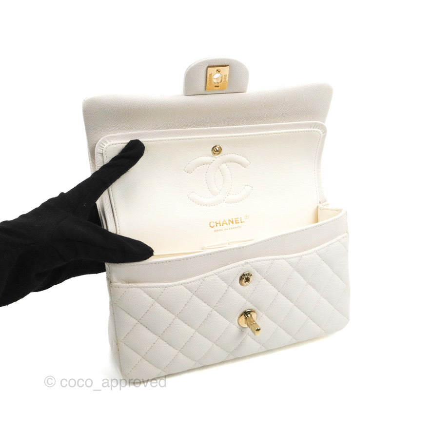 Chanel Small Classic Quilted Flap White Caviar Gold Hardware