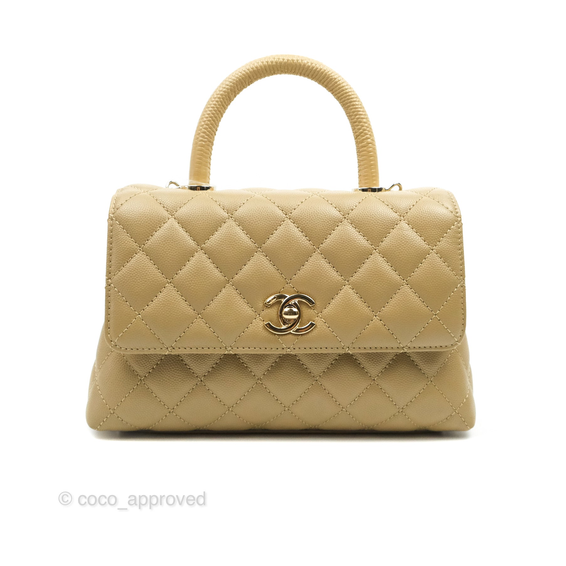 Chanel Small Coco Handle Quilted Dark Beige Caviar Gold Hardware Lizard  Embossed Handle 21A