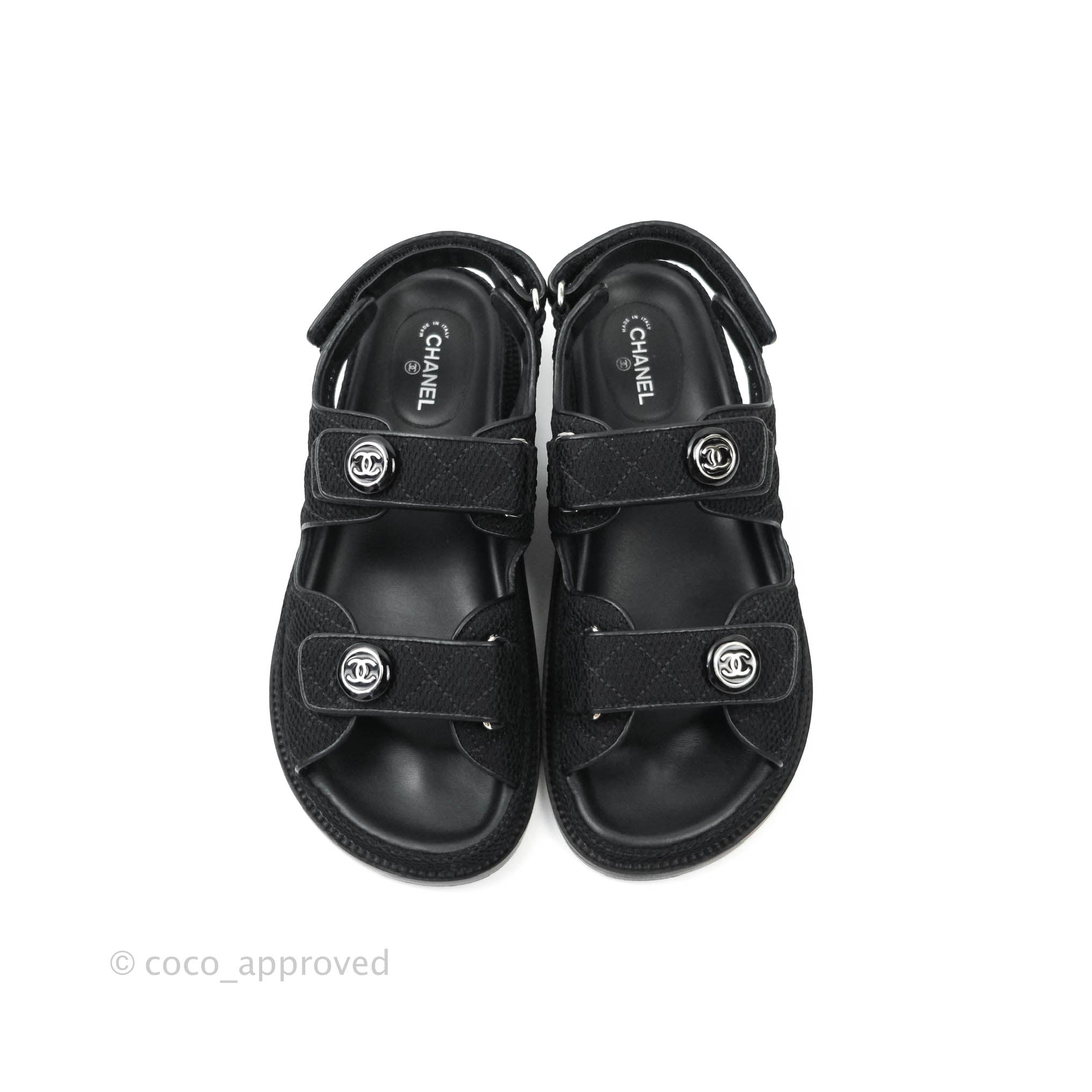 Chanel Black Quilted Fabric CC Velcro Dad Flat Sandals Size 40.5 Chanel