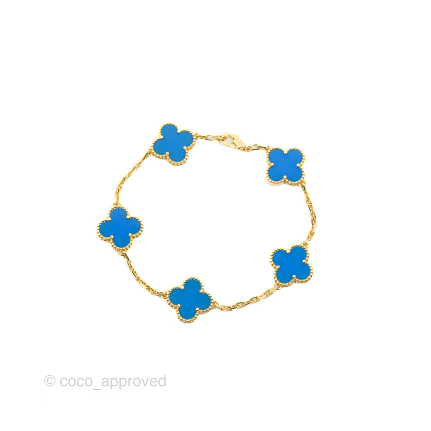 Van Cleef & Arpels Vintage Alhambra 5 Motifs Blue Agate Yellow Gold Bracelet