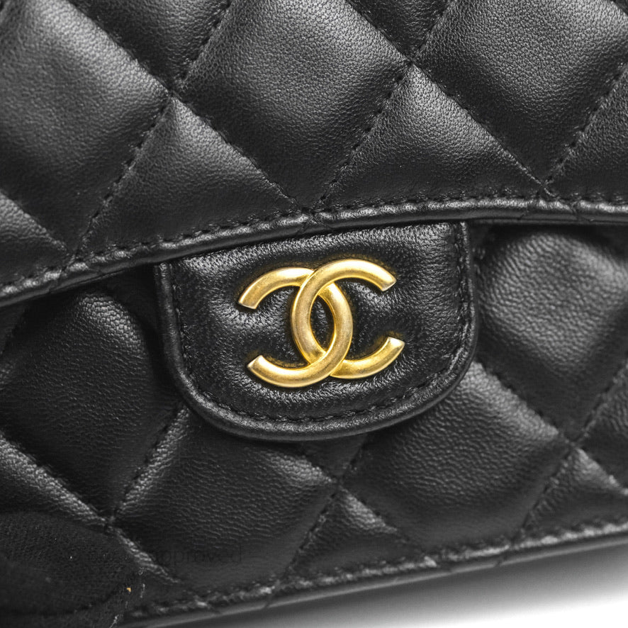 Chanel Mini Handle Flap Coin Purse With Chain Black Lambskin Gold Hardware