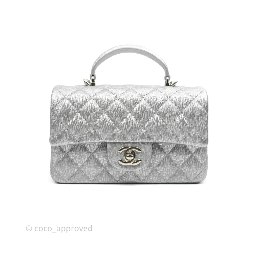 Chanel Top Handle Mini Rectangular Flap Bag Silver Caviar Silver Hardware