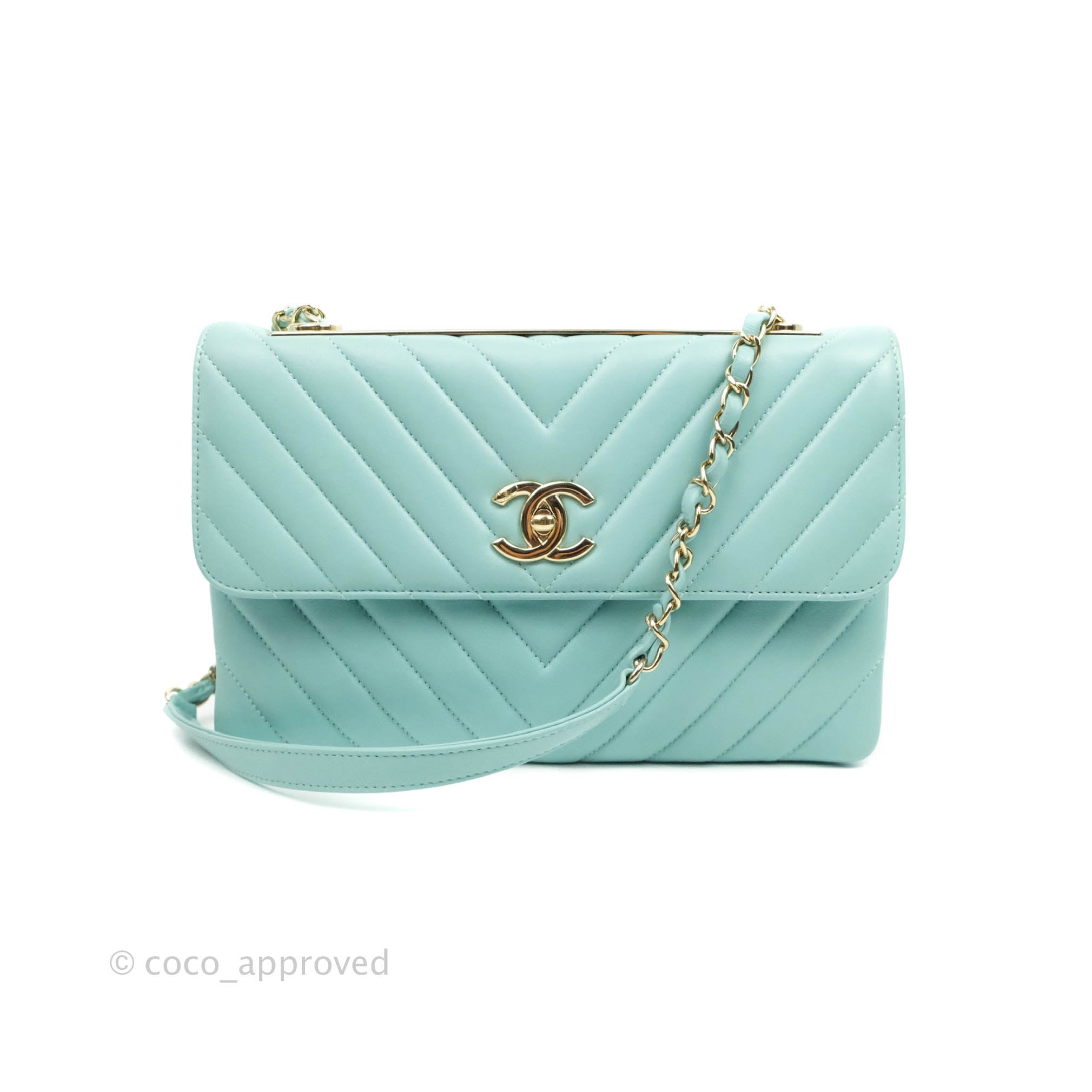 Chanel Trendy CC Chevron Lambskin Flap Bag Tiffany Blue Gold