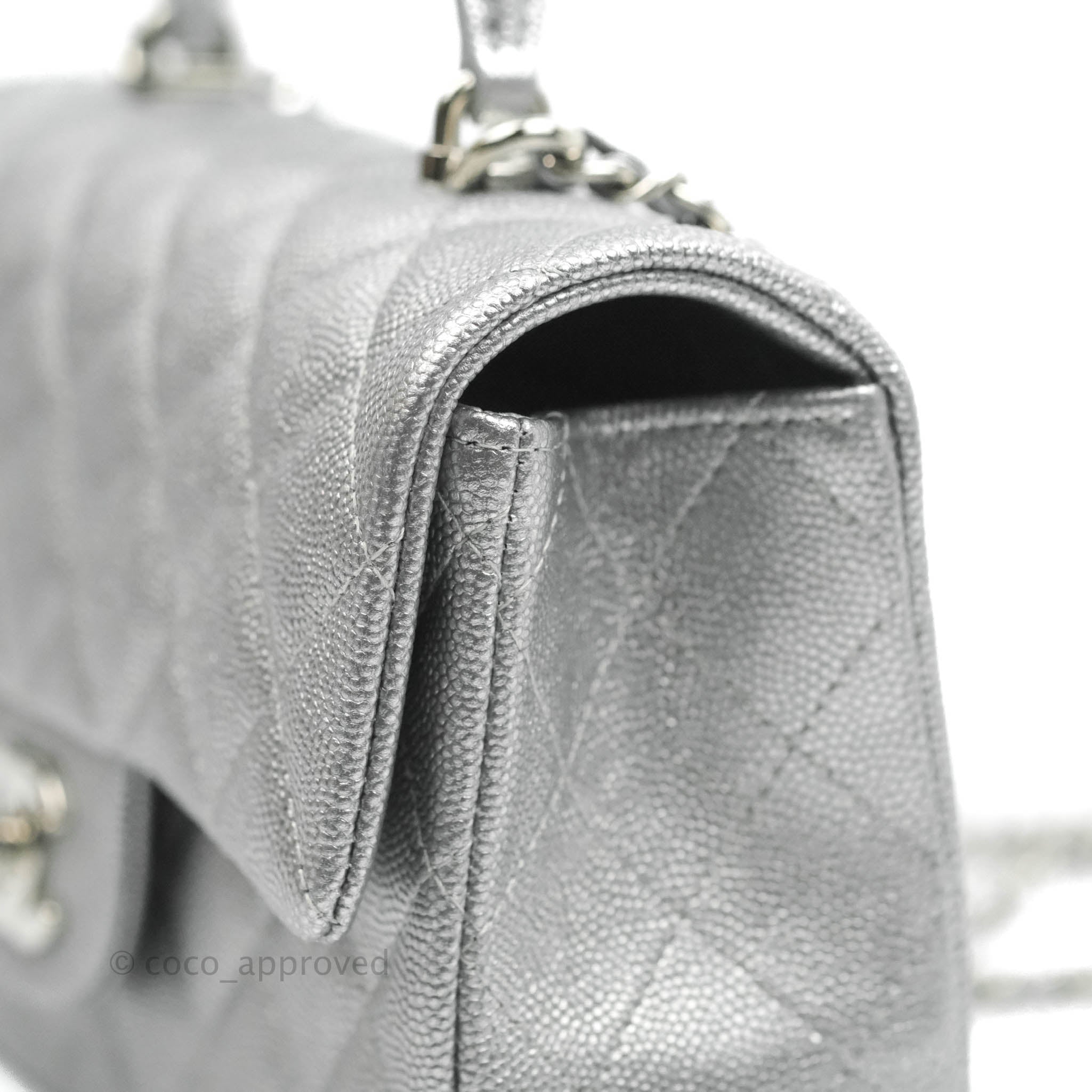 Chanel Top Handle Mini Rectangular Flap Bag Silver Caviar Silver Hardw –  Coco Approved Studio