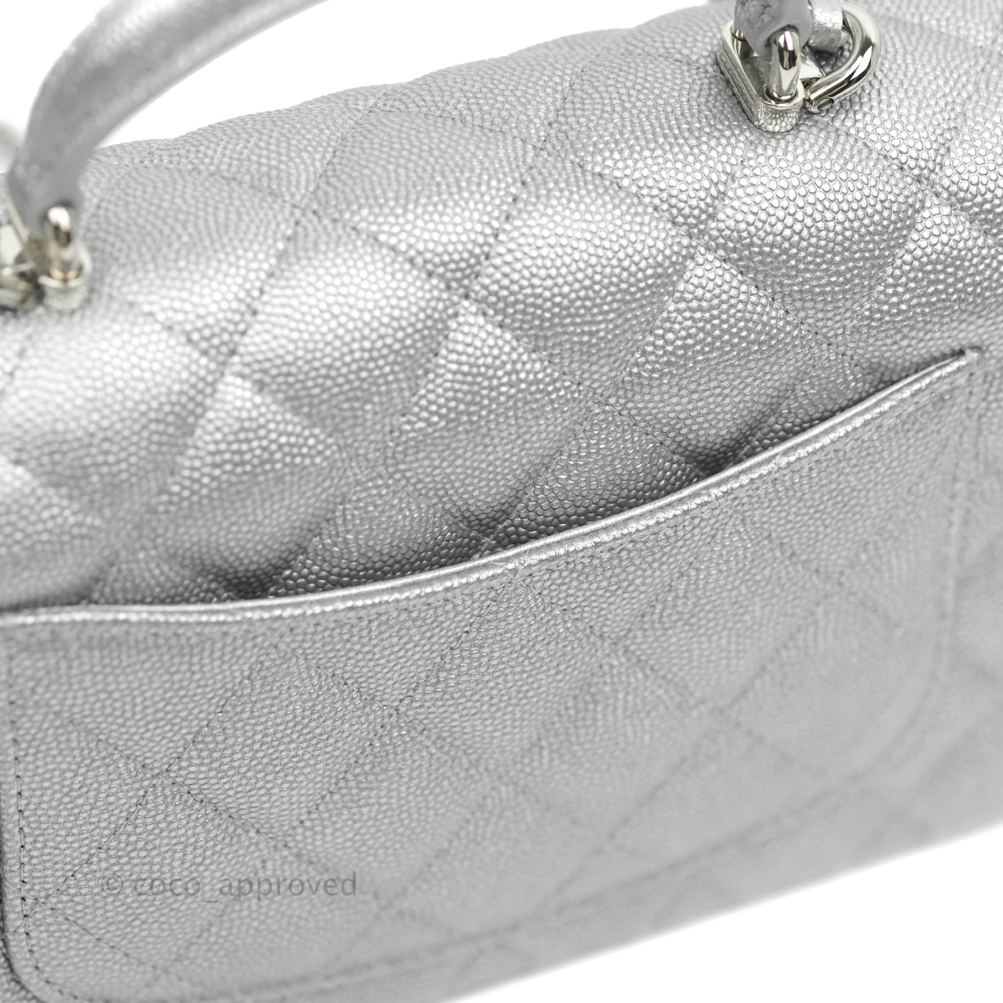 Chanel Top Handle Mini Rectangular Flap Bag Silver Caviar Silver Hardw –  Coco Approved Studio