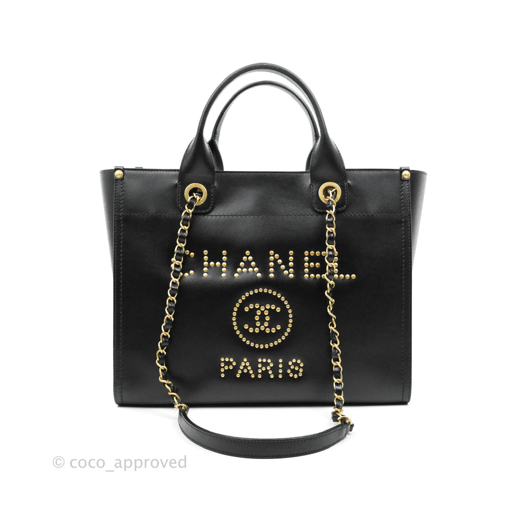 Chanel Small Studded Black Caviar Deauville Shopping Bag Aged Gold Hardware