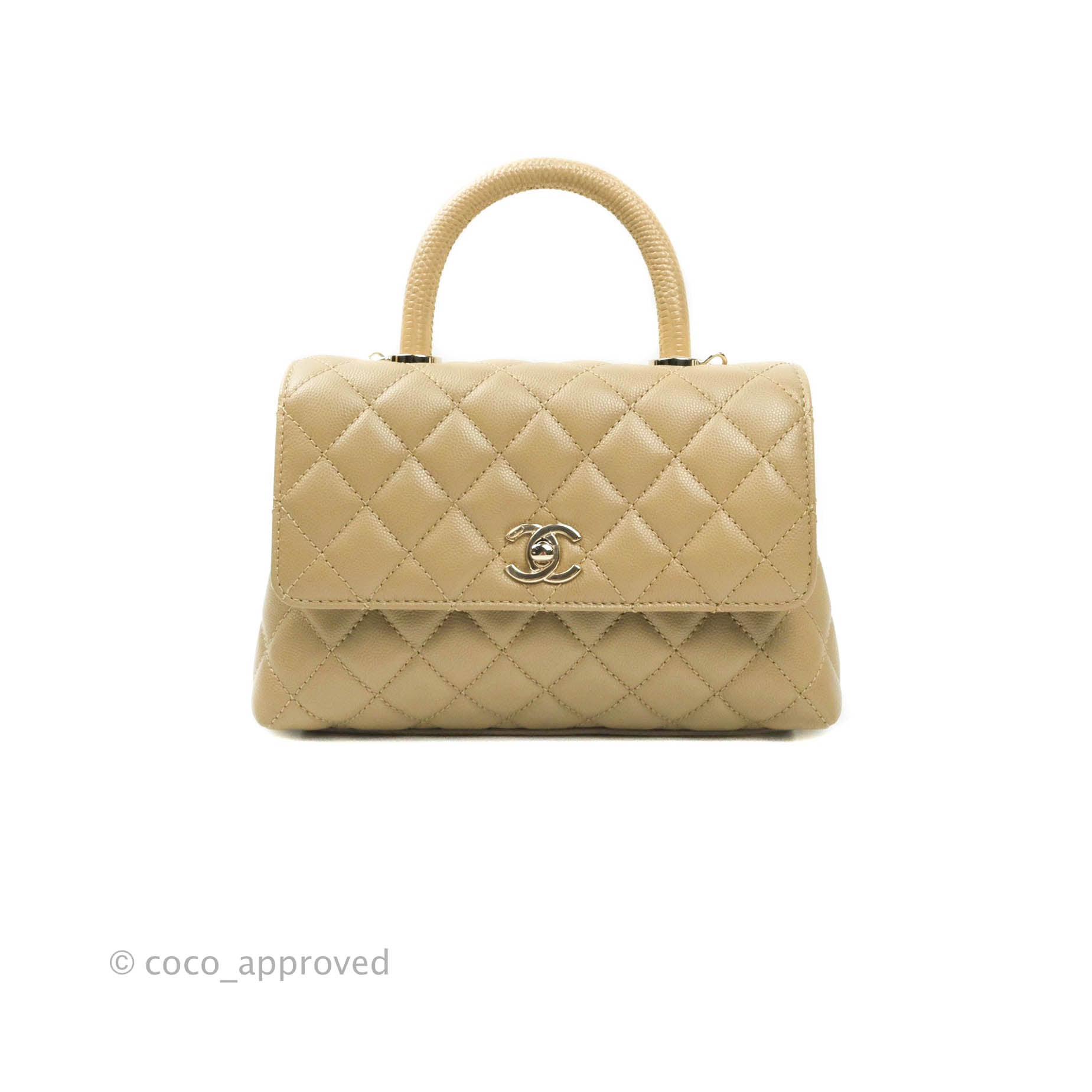 Chanel Mini Beige Coco Handle Quilted Caviar Gold Hardware Embossed Li –  Coco Approved Studio