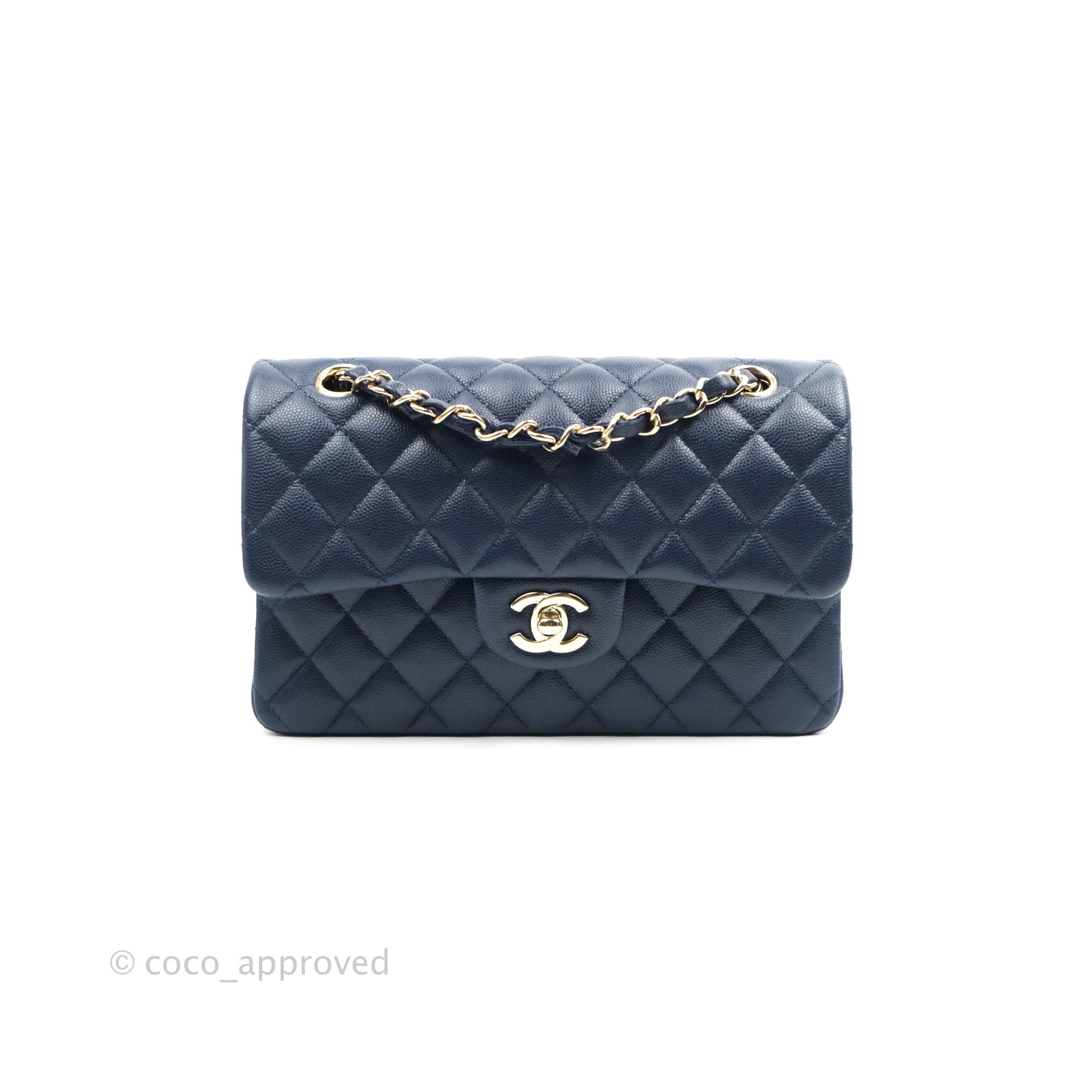 Chanel Classic Small S/M Flap Dark Blue Caviar Gold Hardware 21P – Coco  Approved Studio