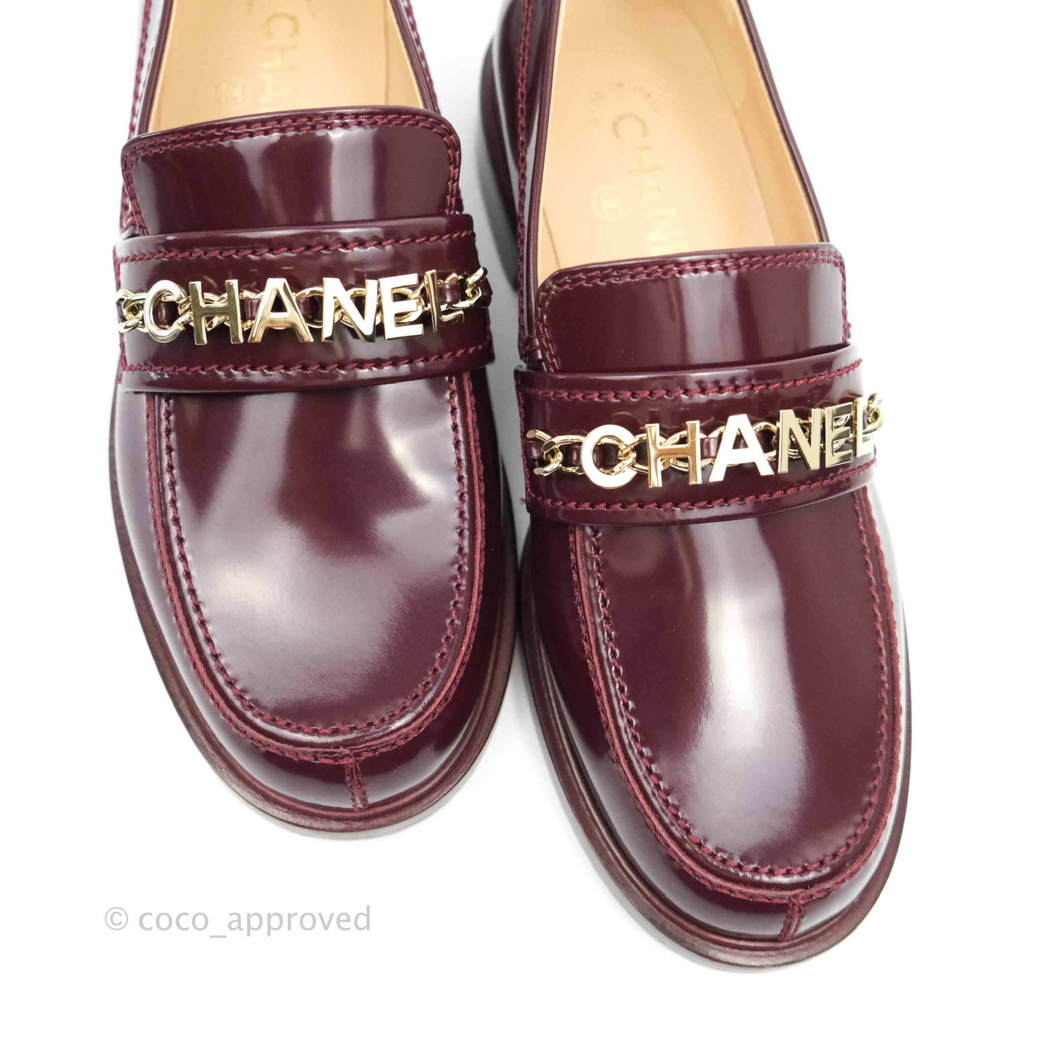 Chanel Patent Calfskin Bordeaux Loafers 21S Size 37
