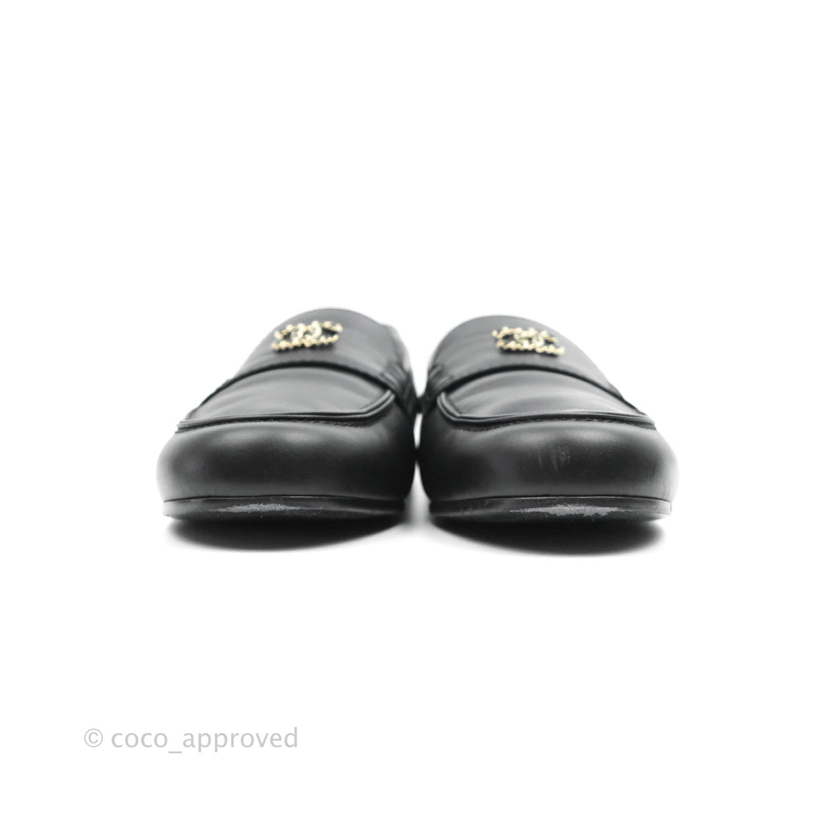 Chanel CC Black Leather Loafers Gold Hardware Size 36.5