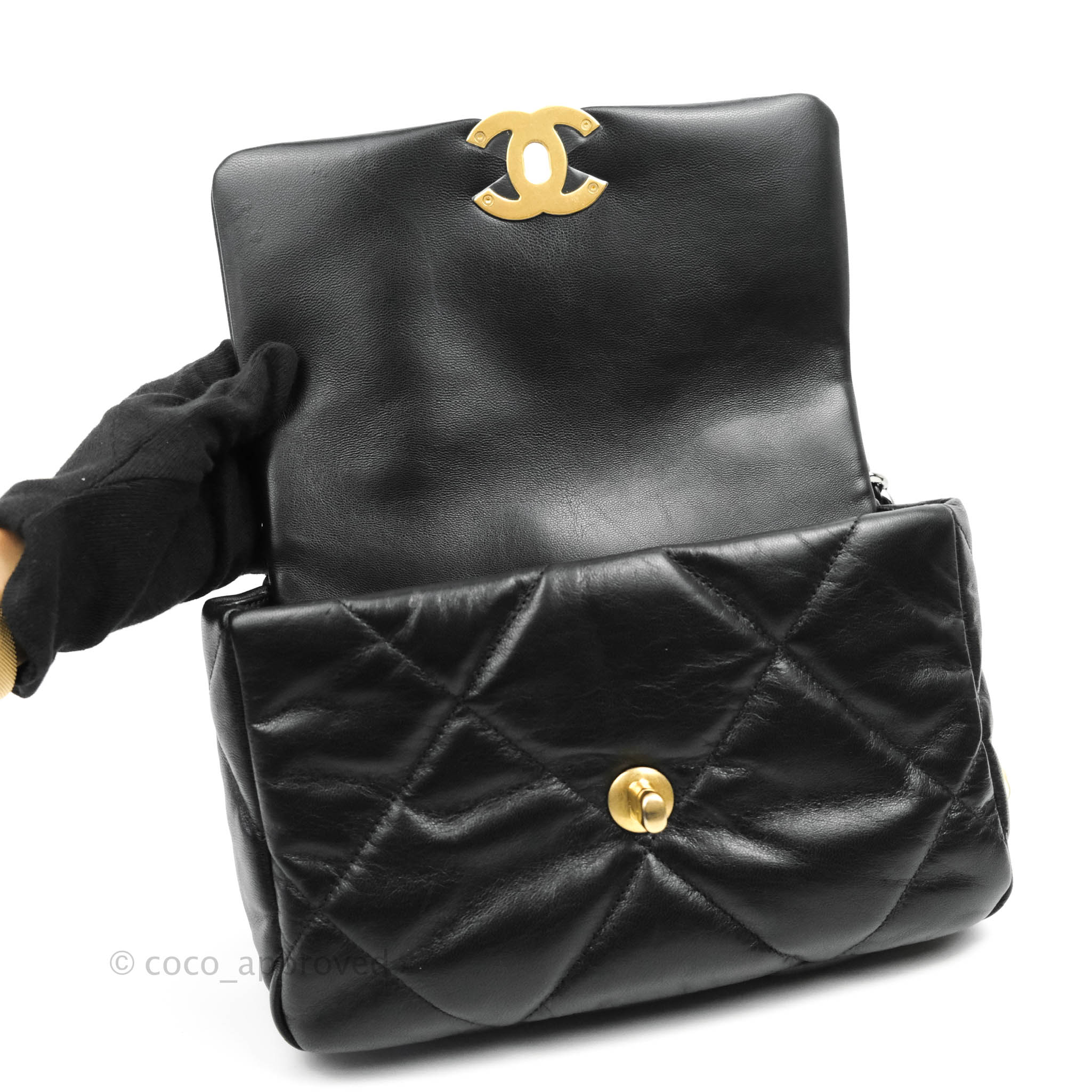 CHANEL Shiny Goatskin Quilted Small Chanel 19 Pouch With Handle Black  603500