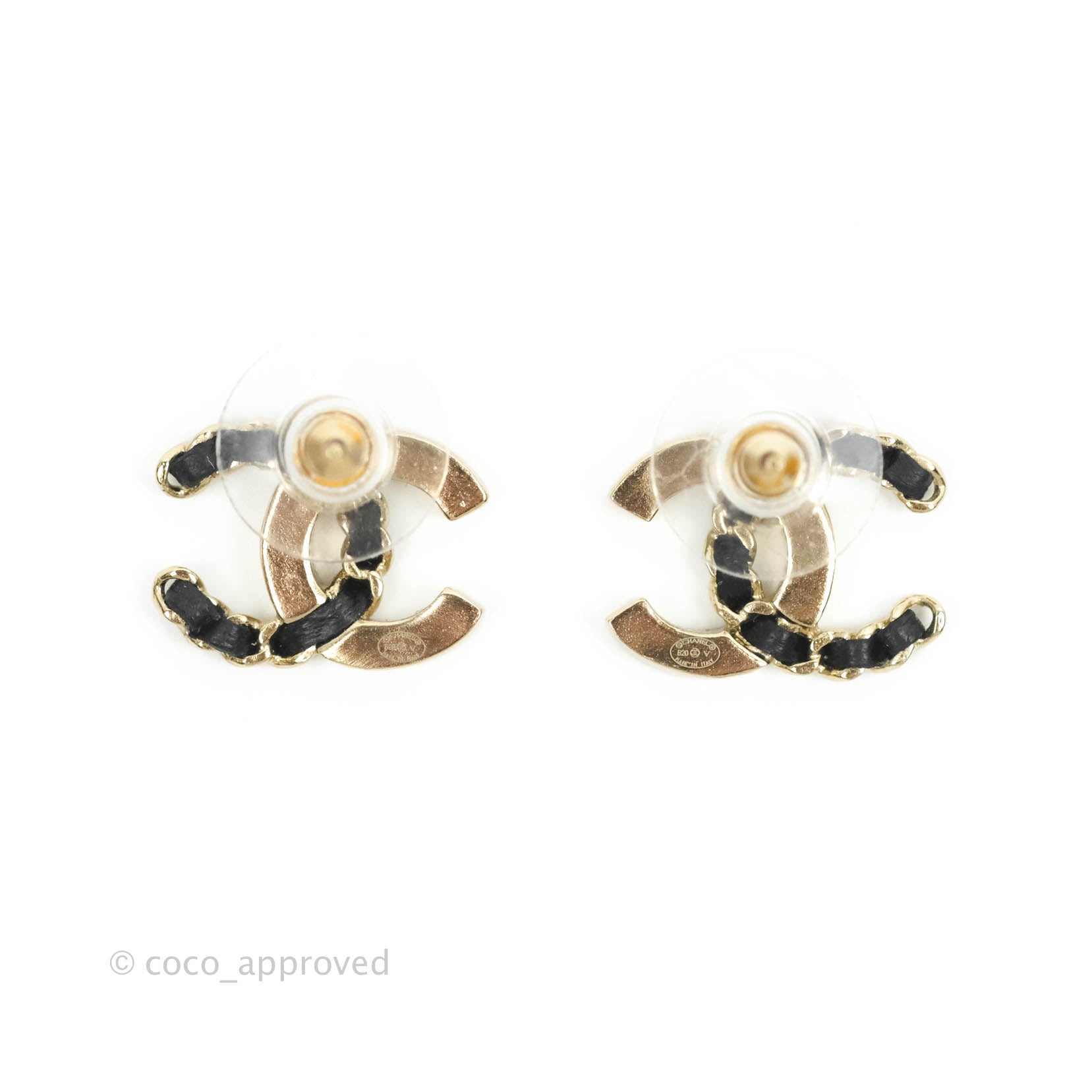 Chanel Crystal CC Braided Black Leather Earrings Light Gold Tone