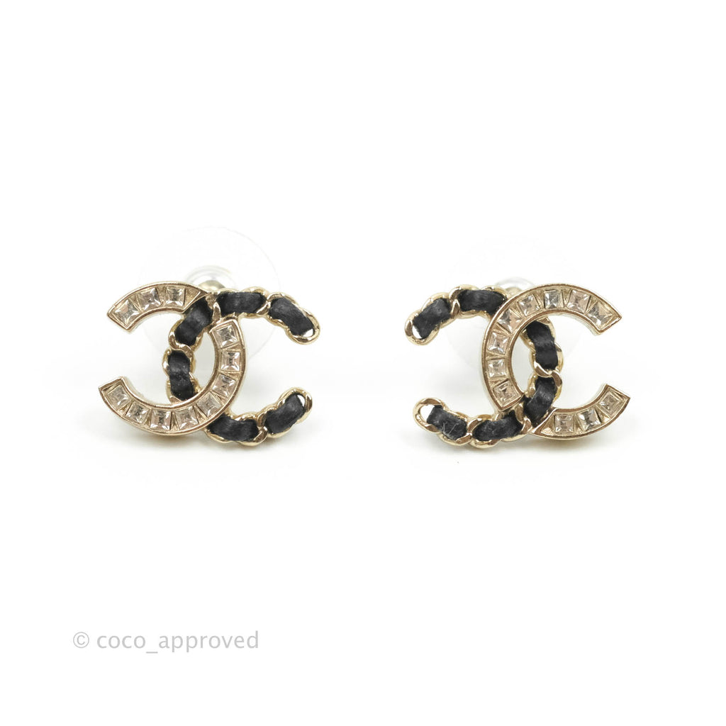 Chanel Crystal CC Braided Black Leather Earrings Light Gold Tone 20V