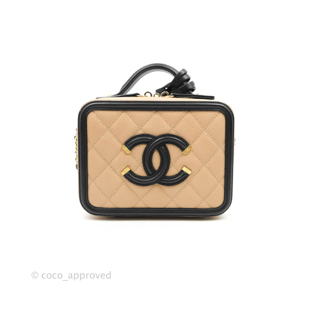 Chanel Quilted Small CC Filigree Vanity Case Beige Black Caviar