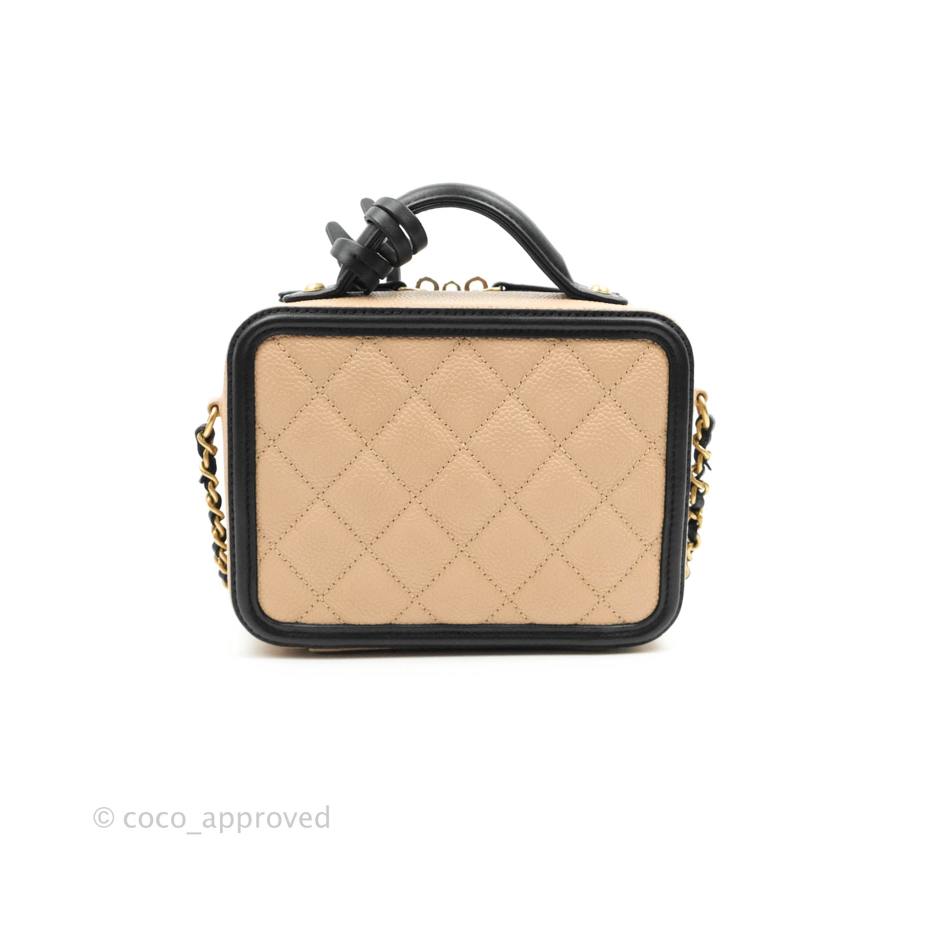 CHANEL Caviar Quilted Small CC Filigree Vanity Case Beige Black 1289831