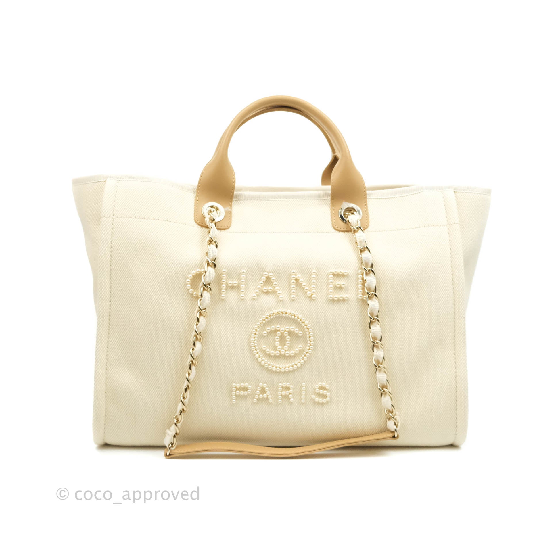 Chanel Medium (Large) Deauville Light Beige Canvas Imitation Pearl – Coco  Approved Studio