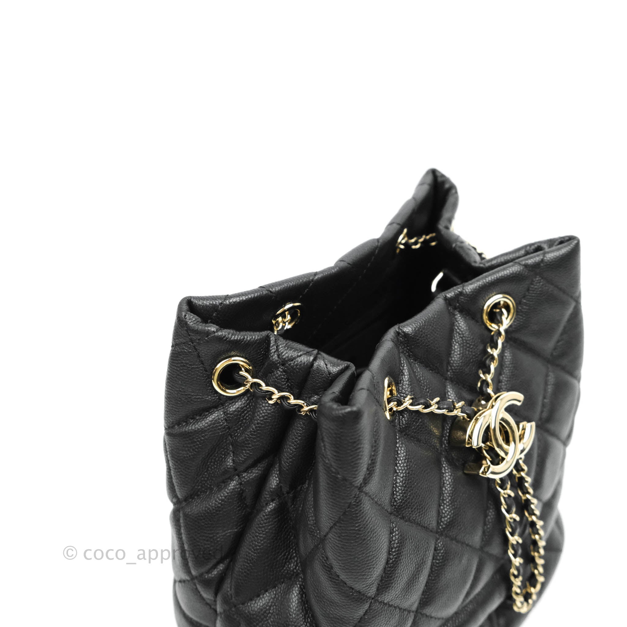 Chanel Quilted Rolled Up Bucket Drawstring Bag Black Caviar Gold Hardw – Coco  Approved Studio