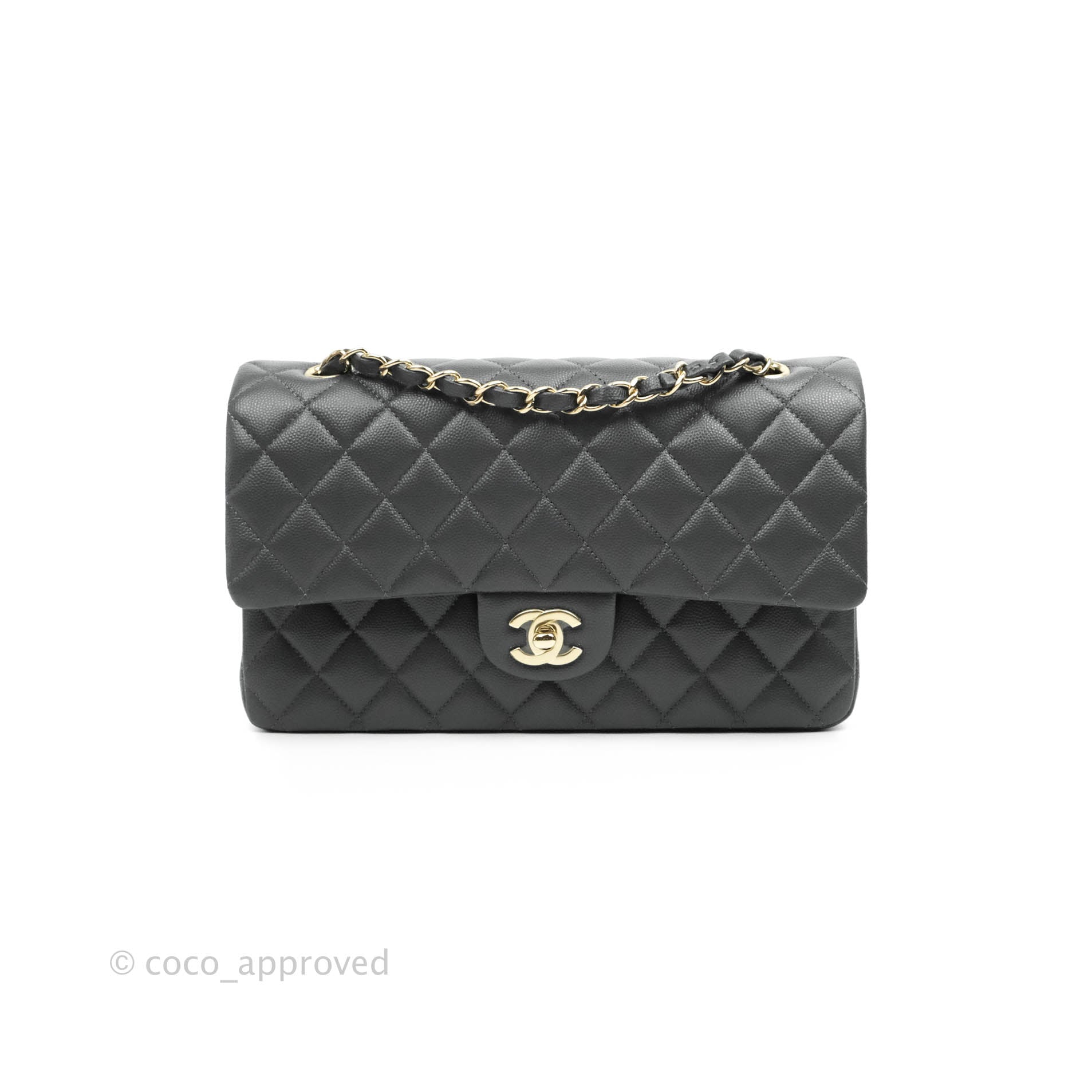 Chanel Classic M/L Medium Double Flap Dark Grey Caviar Gold Hardware – Coco  Approved Studio