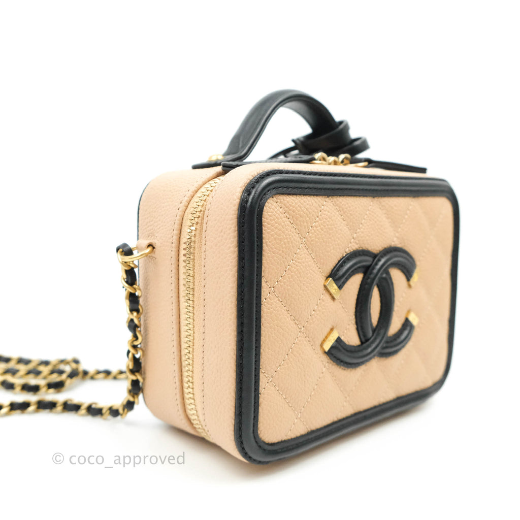 Chanel Quilted Small CC Filigree Vanity Case Beige Black Caviar