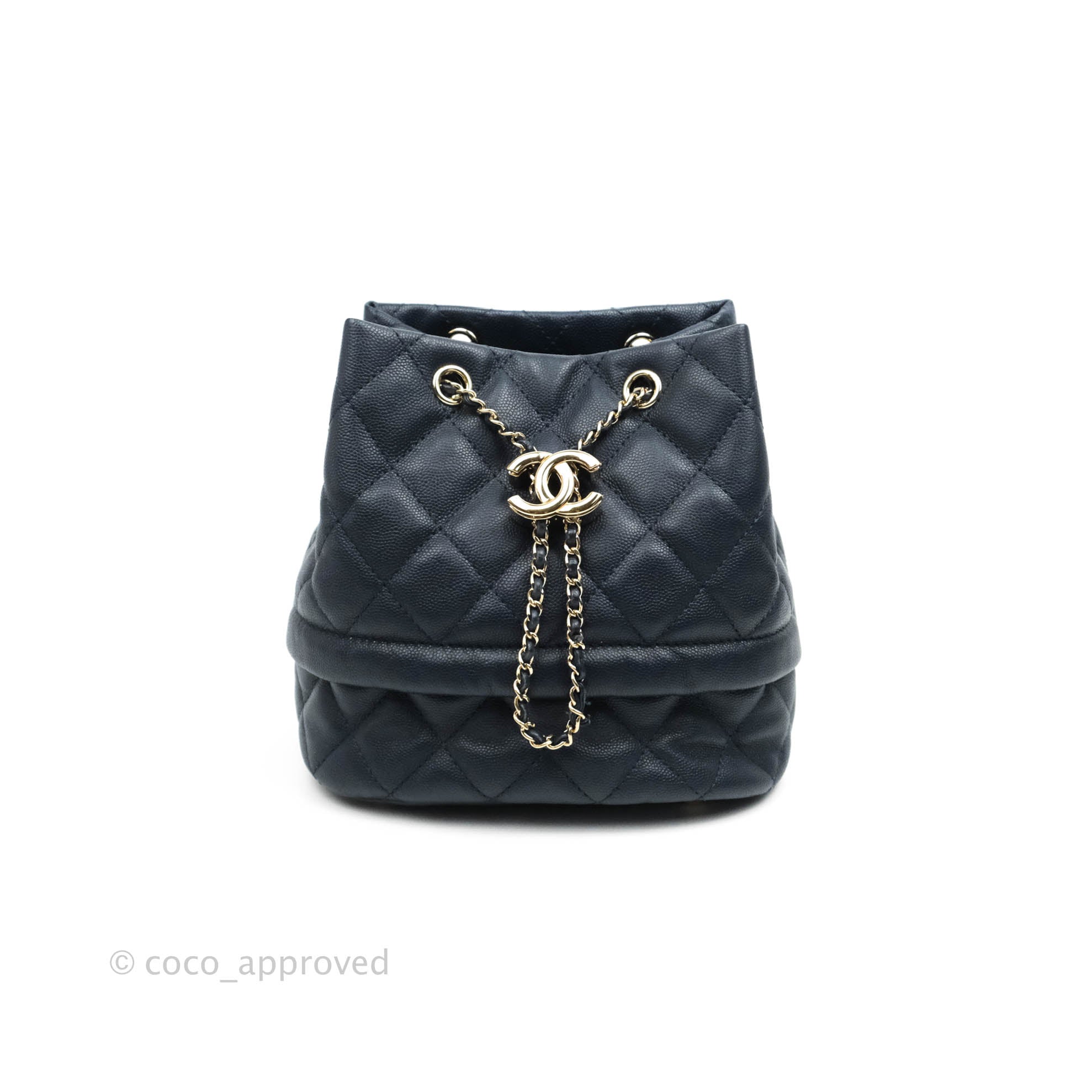 CHANEL Caviar Quilted Rolled Up Bucket Drawstring Bag Navy 840369
