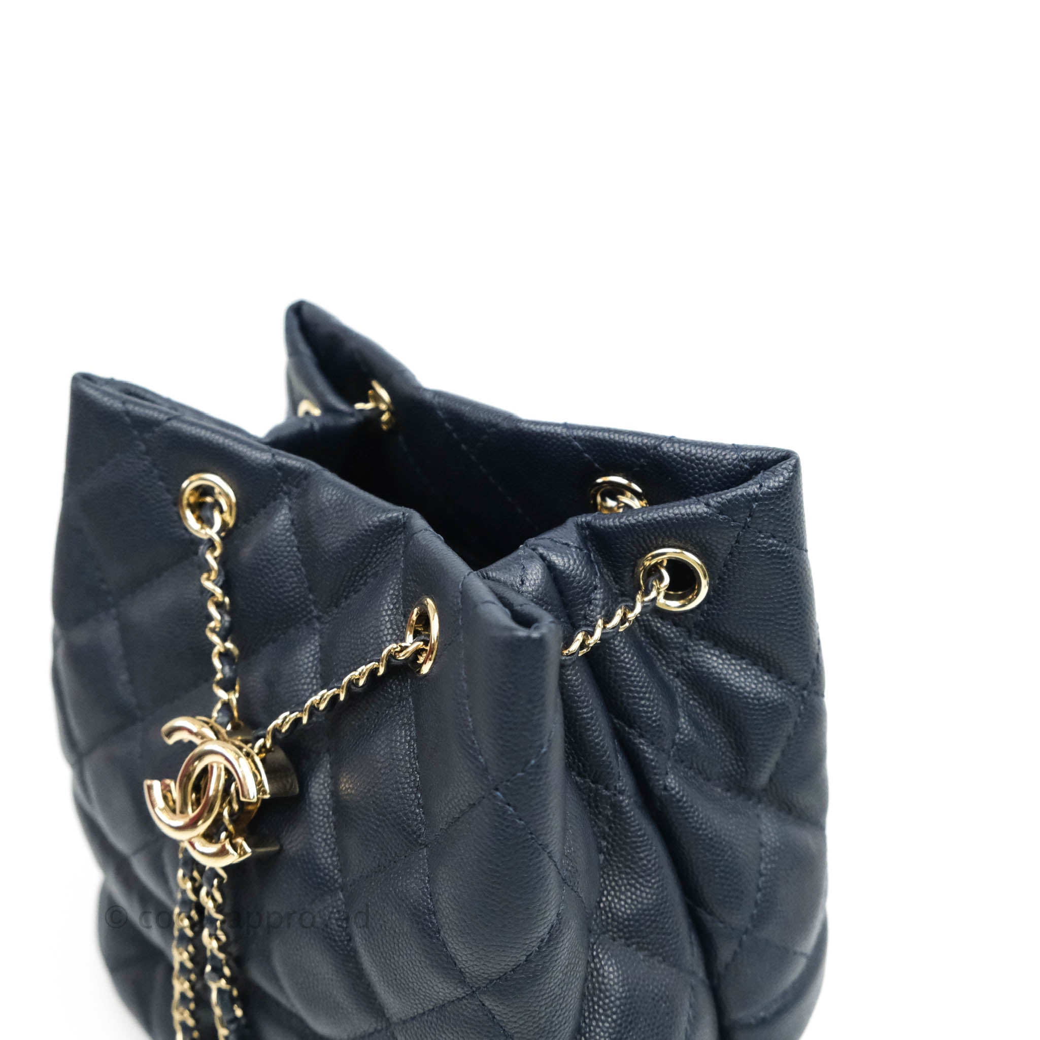 Chanel Quilted Rolled Up Bucket Drawstring Bag Navy Caviar Gold