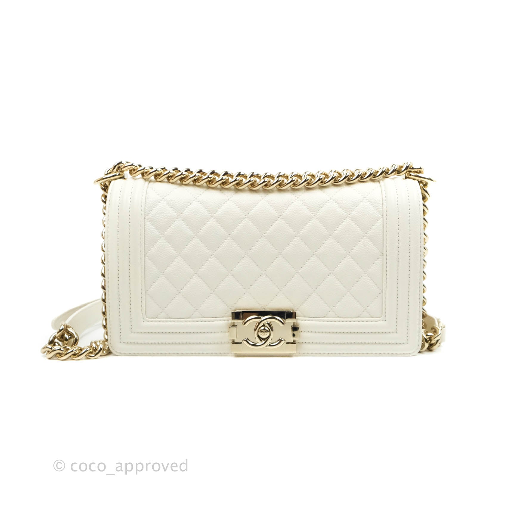 Chanel Old Medium Boy Bag White Caviar Gold Hardware 21A – Coco Approved  Studio