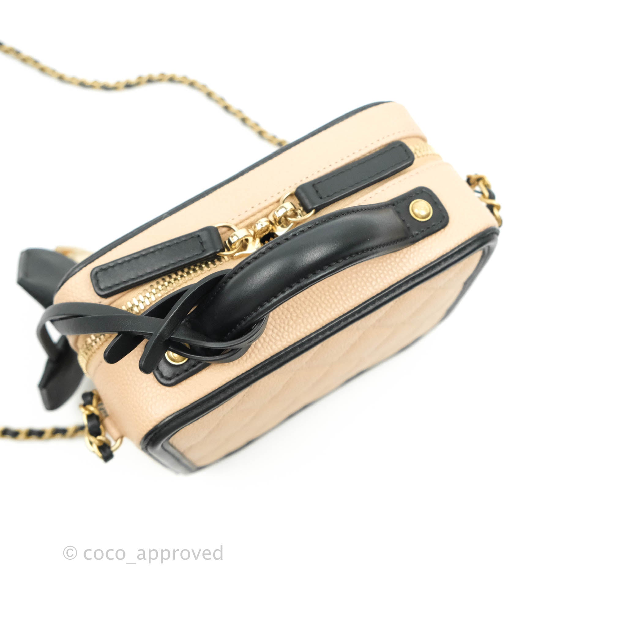 Chanel 2018 Tan & Black Caviar Filigree Vanity Case Small Bag