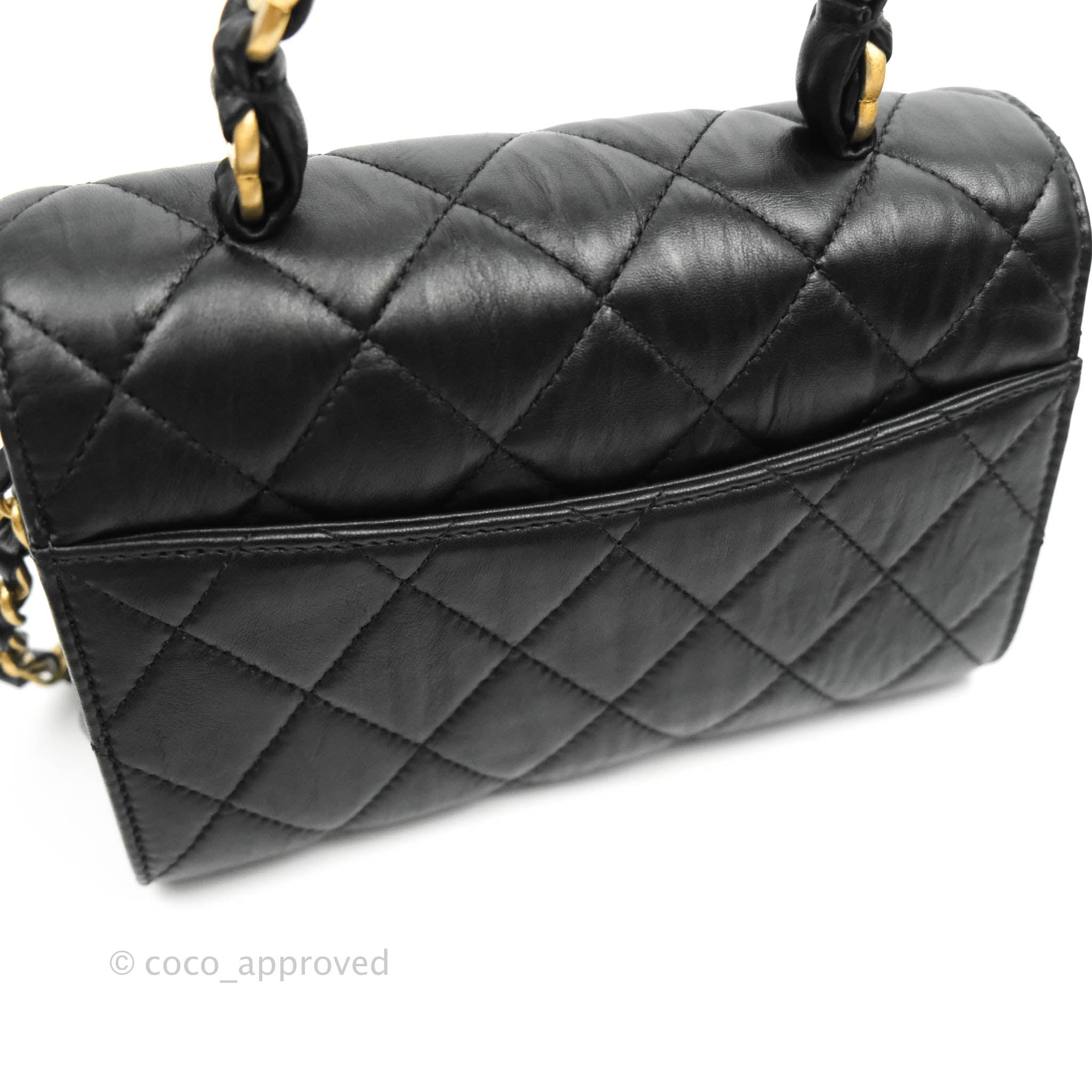 Chanel Mini Flap Bag with Top Handle Black Crumpled Lambskin Aged Gold –  Coco Approved Studio