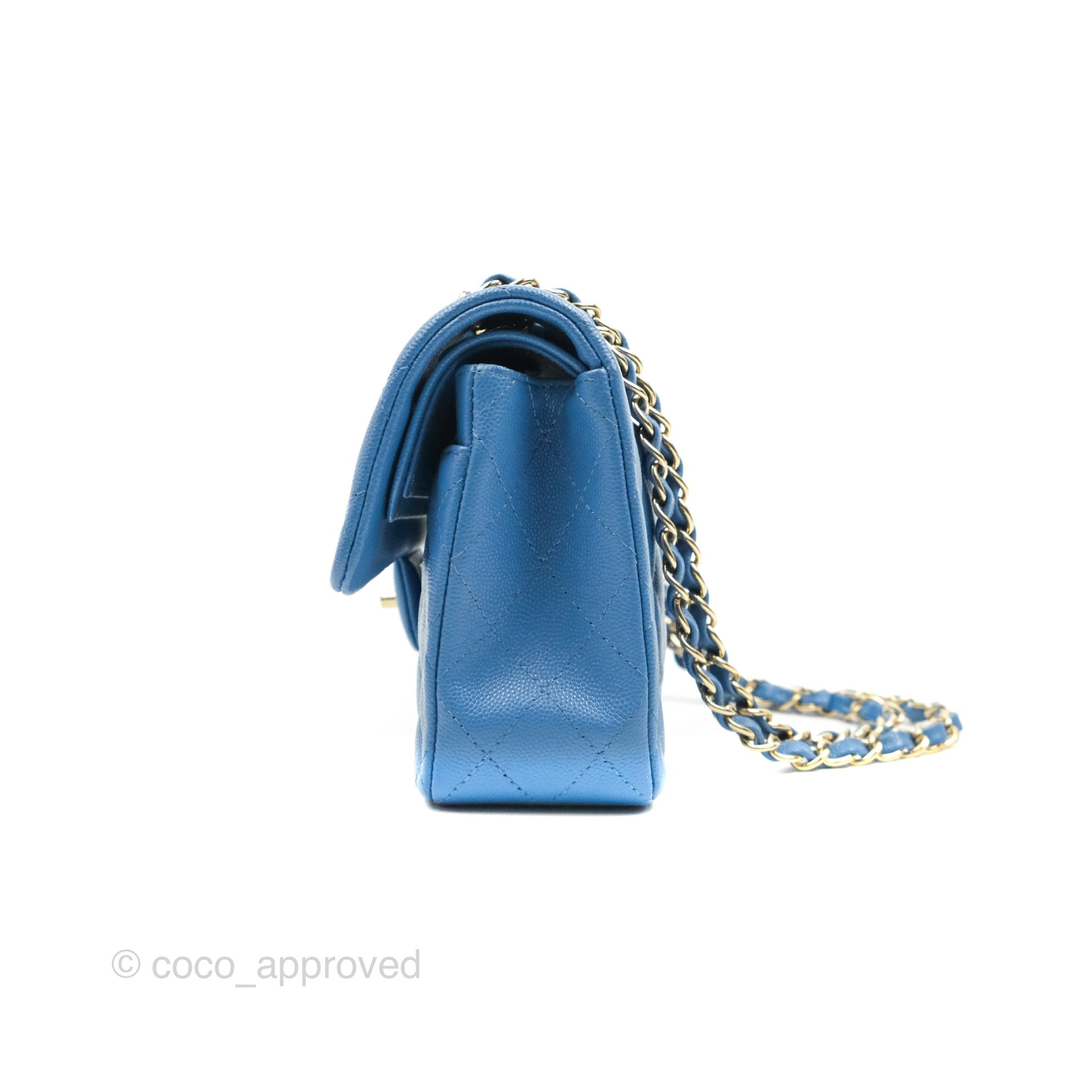 Chanel Square Classic Single Flap Bag Quilted Patent Mini Blue