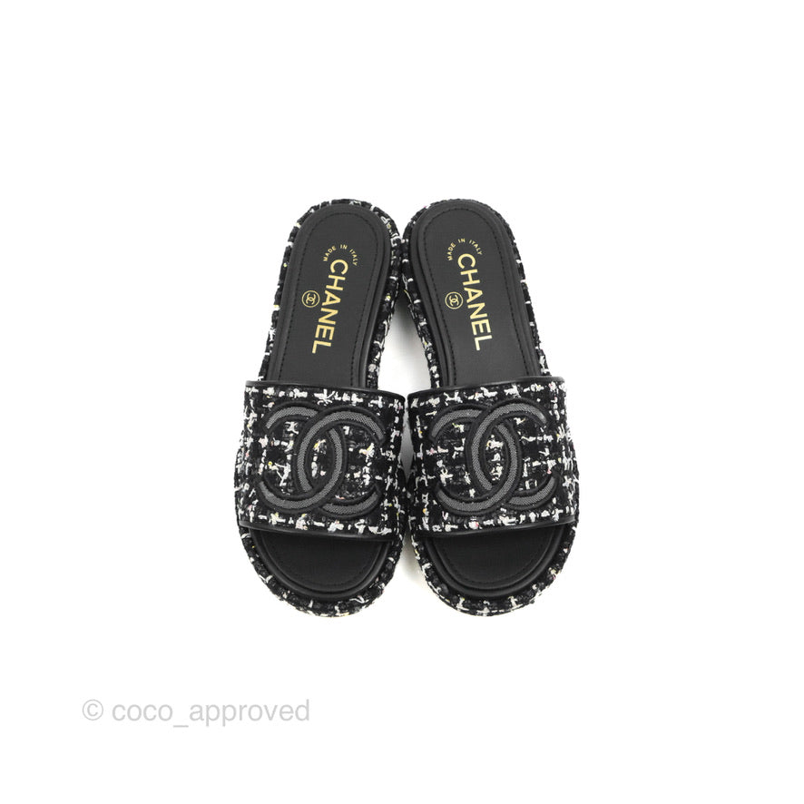 Chanel CC Sandals Black Tweed Size 35