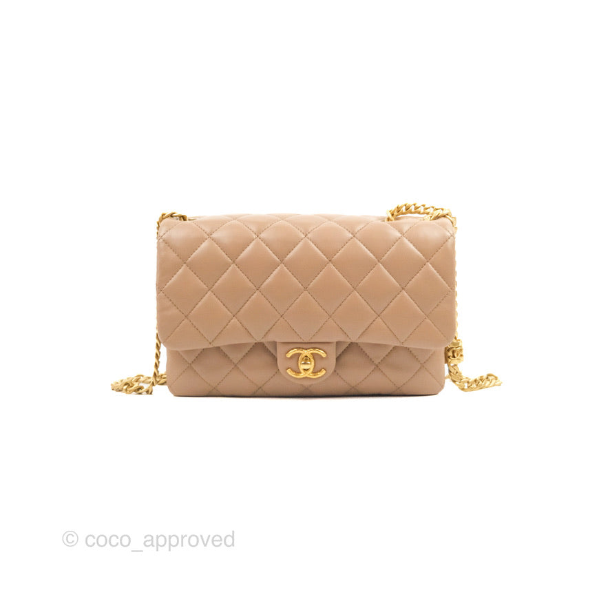 Chanel Flap Bag with Adjustable Strap Beige Lambskin Aged Gold Hardware 22K