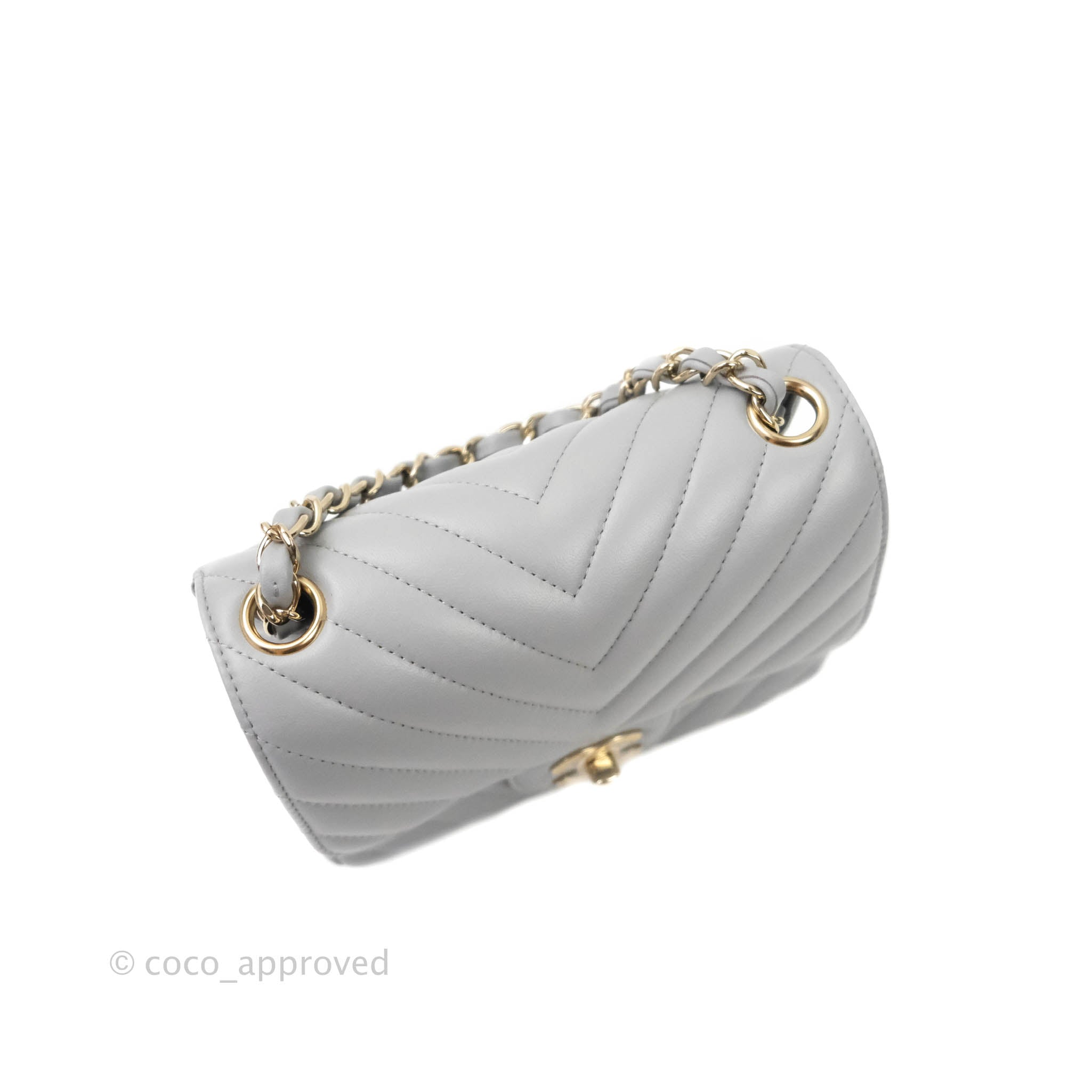Chanel Grey Lambskin Chevron Quilted Mini Rectangular Flap Light Gold –  Coco Approved Studio