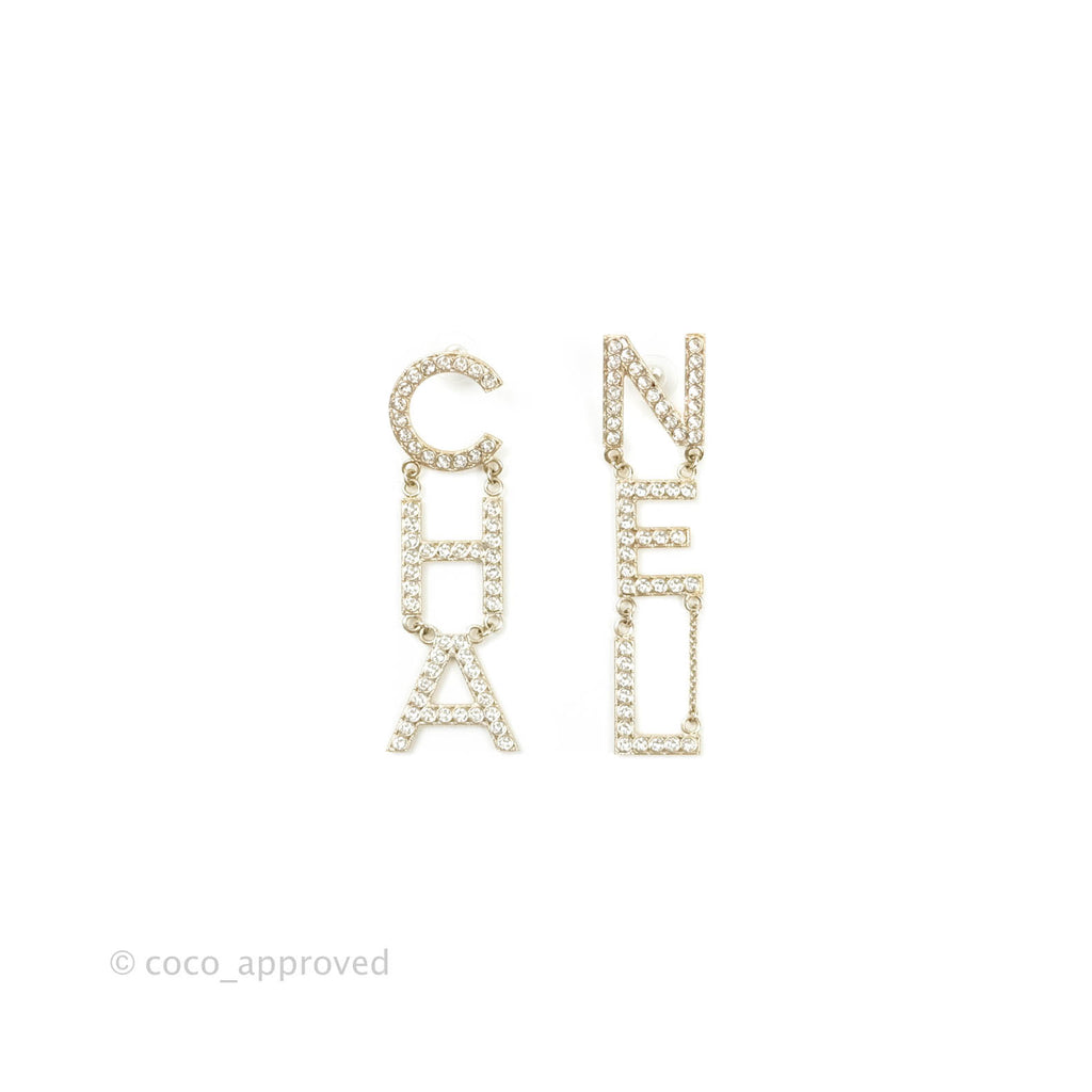 Chanel Crystal Cha-Nel Logo Drop Earrings Gold 19S – Coco Approved