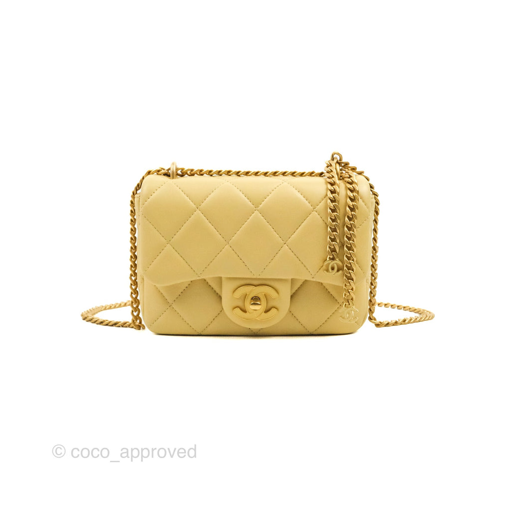 Chanel Enamel Quilted Pending CC Mini Square Flap Yellow Lambskin Aged Gold Hardware 22P