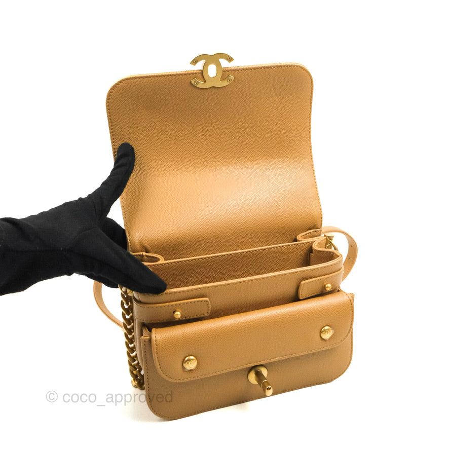 Chanel Mini Messenger Bag Beige Caviar Gold Hardware 21K – Coco Approved  Studio