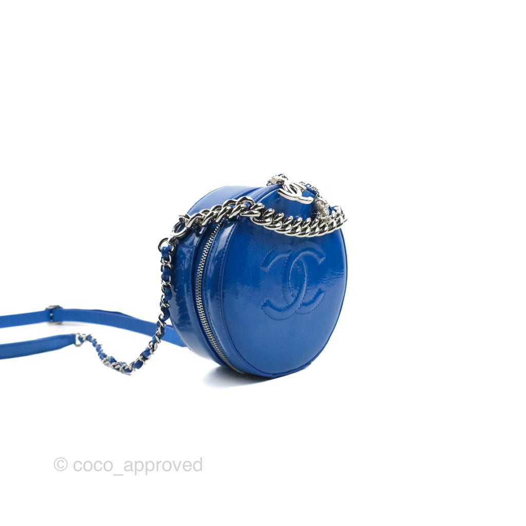 Chanel Round As Earth Bag with Owl Charm Blue Patent Silver Hardware