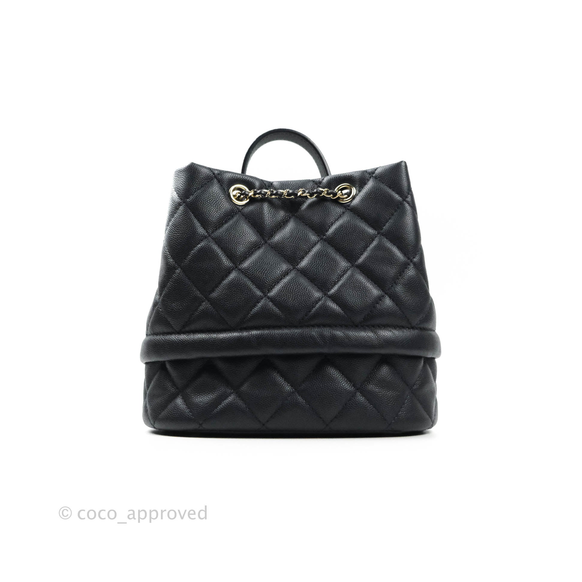 Chanel Caviar Quilted Rolled Up Bucket Drawstring Bag Black Gold