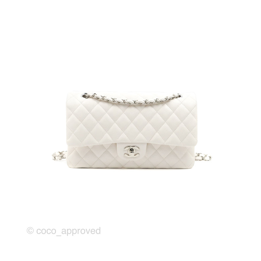 Chanel Classic M/L Medium Double Flap White Caviar Silver Hardware