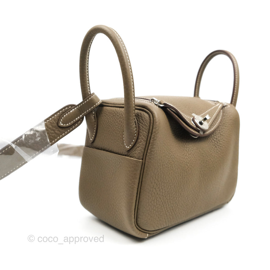 Hermès Lindy Etoupe Clemence Mini 20 Gold Hardware, 2023 (Like New) , Brown Womens Handbag