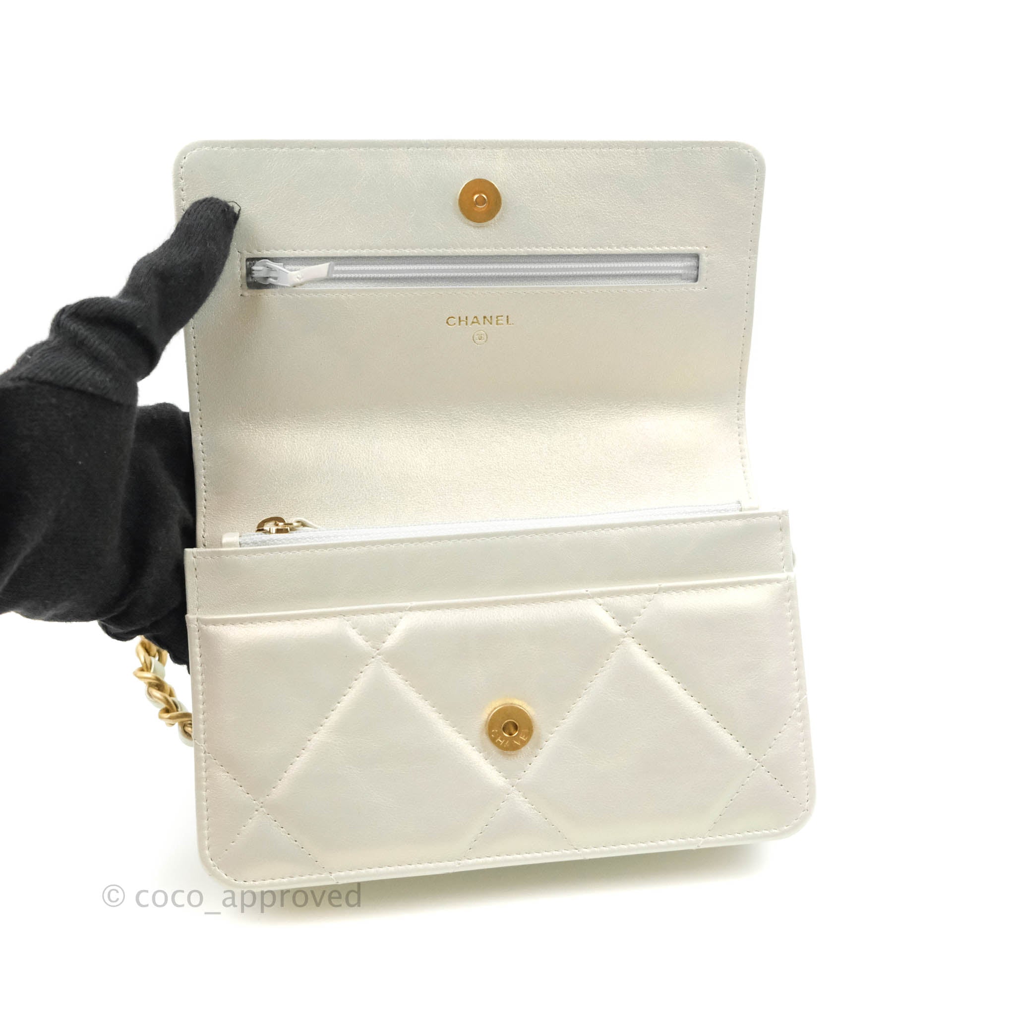Chanel 19 Quilted Wallet on Chain WOC Iridescent White Mixed