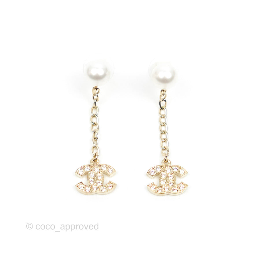 Chanel Pearl Chain Crystal CC Drop Earrings Gold Tone 20B