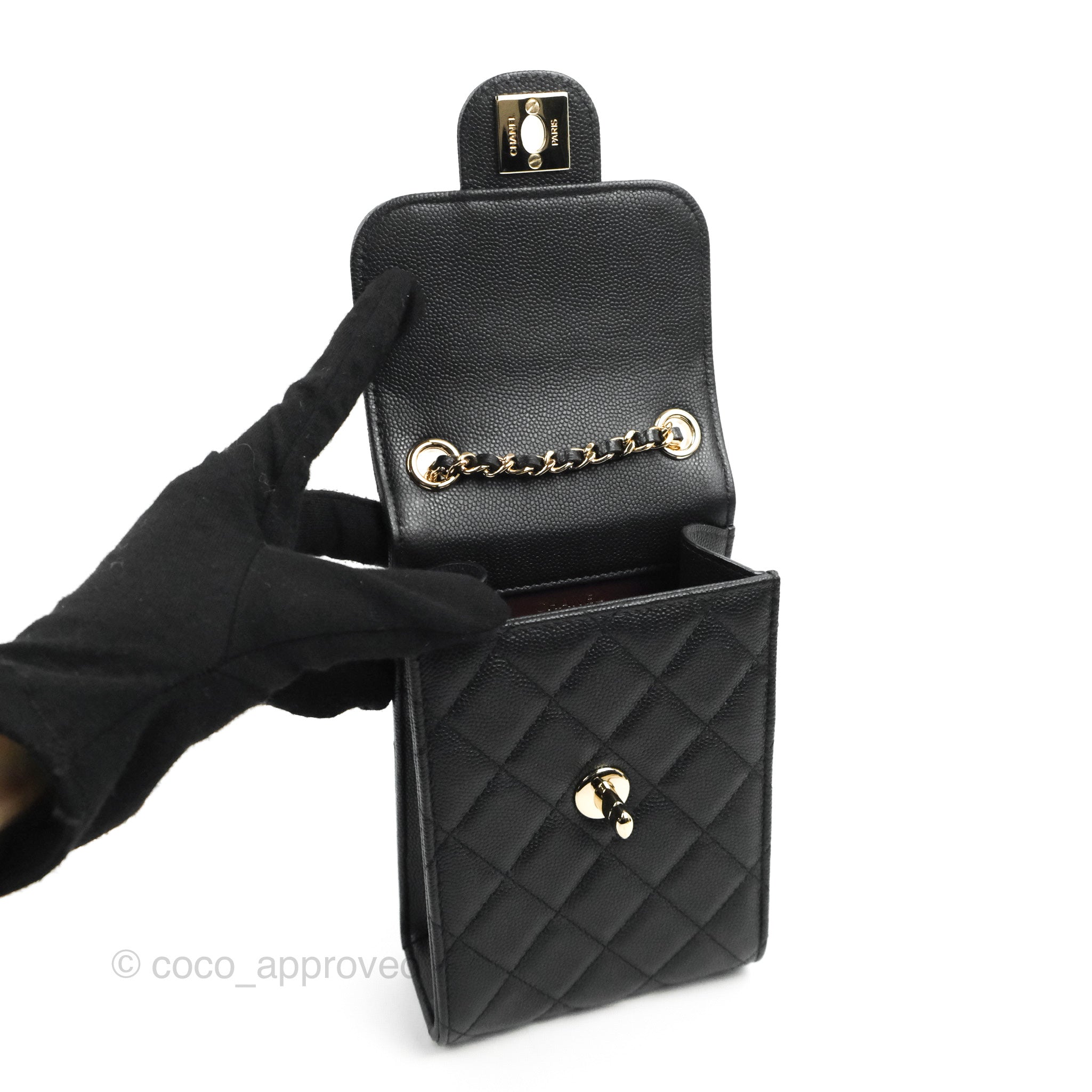 Chanel Classic Quilted Phone Holder Black Caviar Gold Hardware