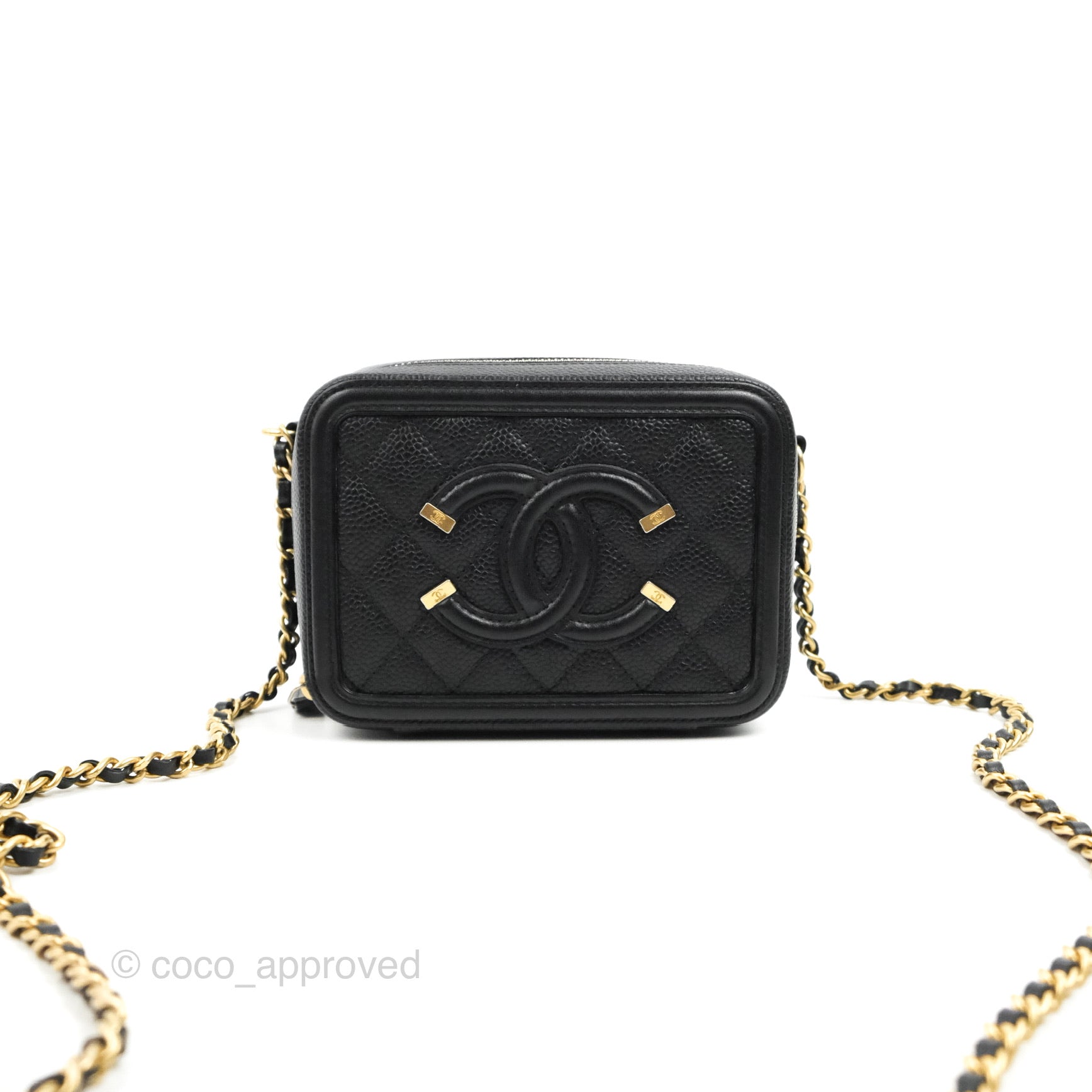 Chanel CC Filigree Vanity Clutch With Chain Caviar Black Aged Gold