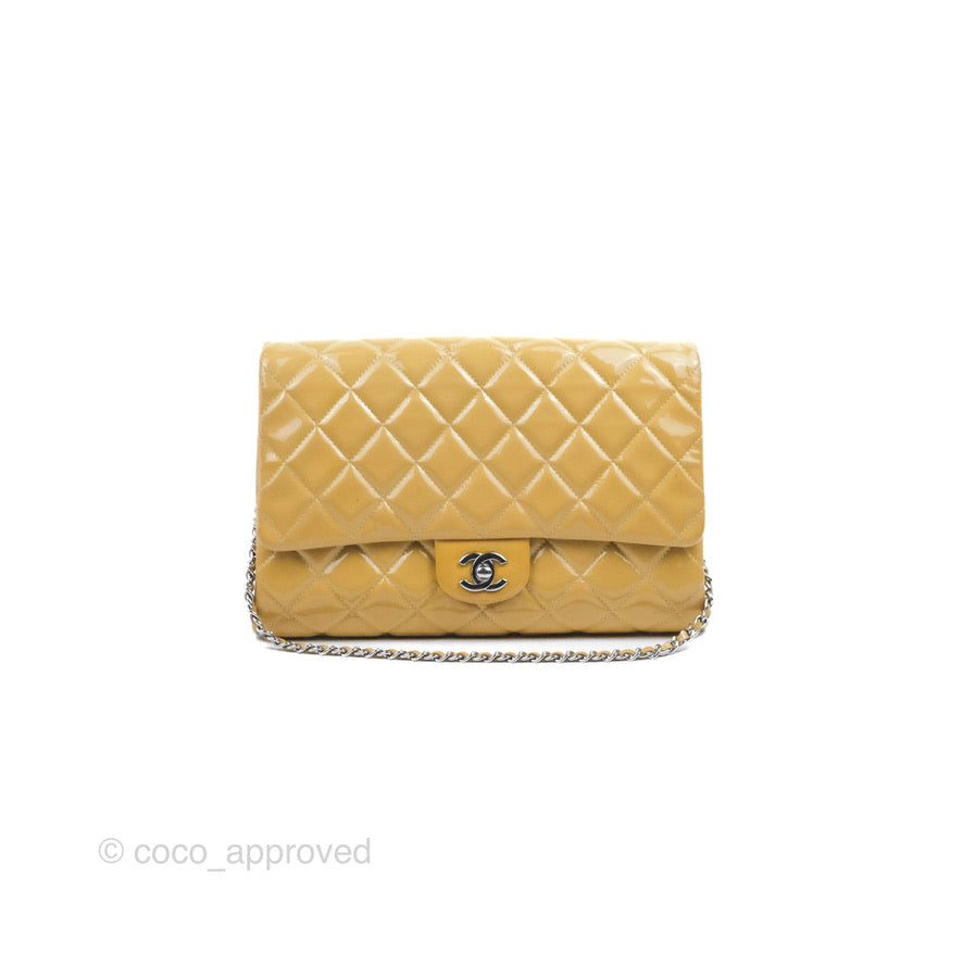 Chanel Quilted Clutch with Chain Beige Patent Silver Hardware