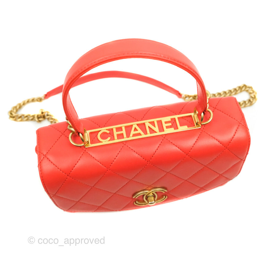 Chanel Top Handle Flap Bag Red Lambskin Aged Gold Hardware