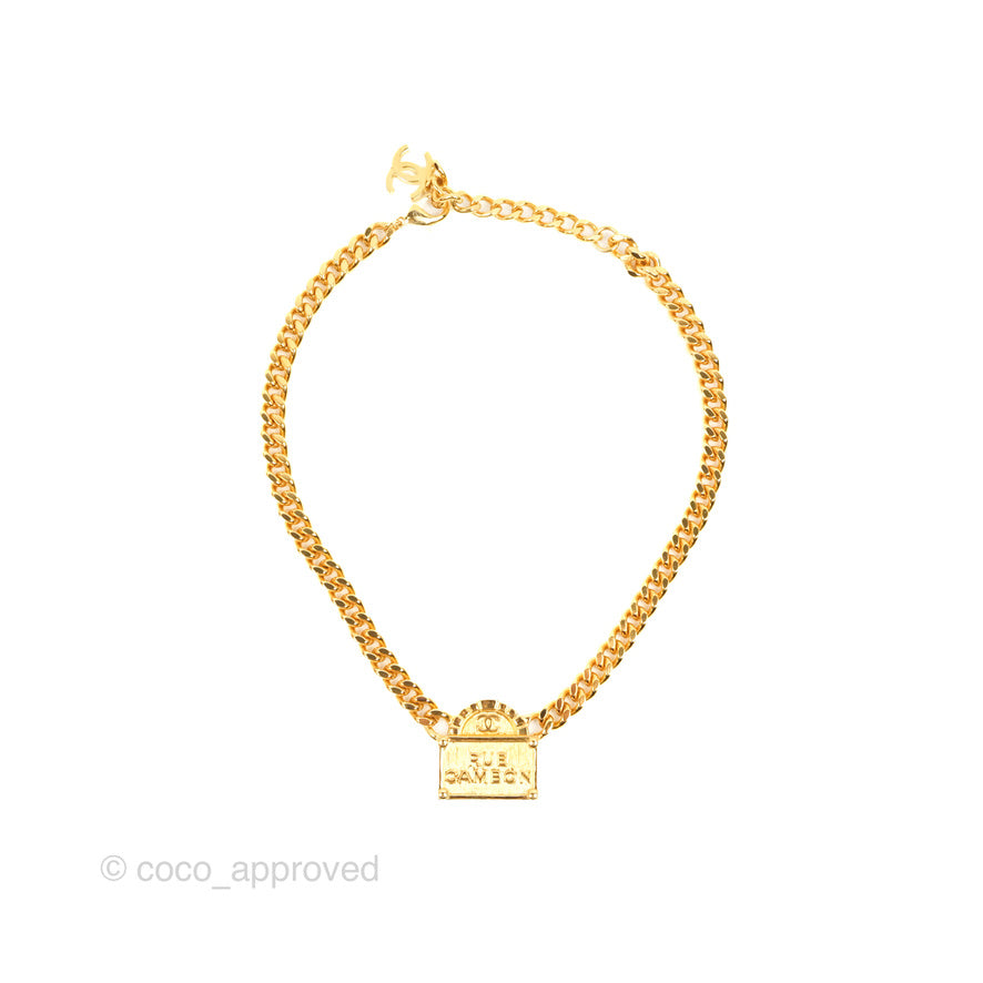 Chanel Rue Cambon Plate Pendant Chain Necklace Gold Tone 22A