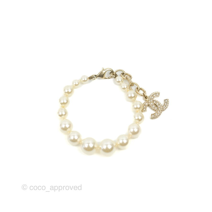 Chanel CC Crystal Pendant Pearl Bracelet Gold Tone 17V