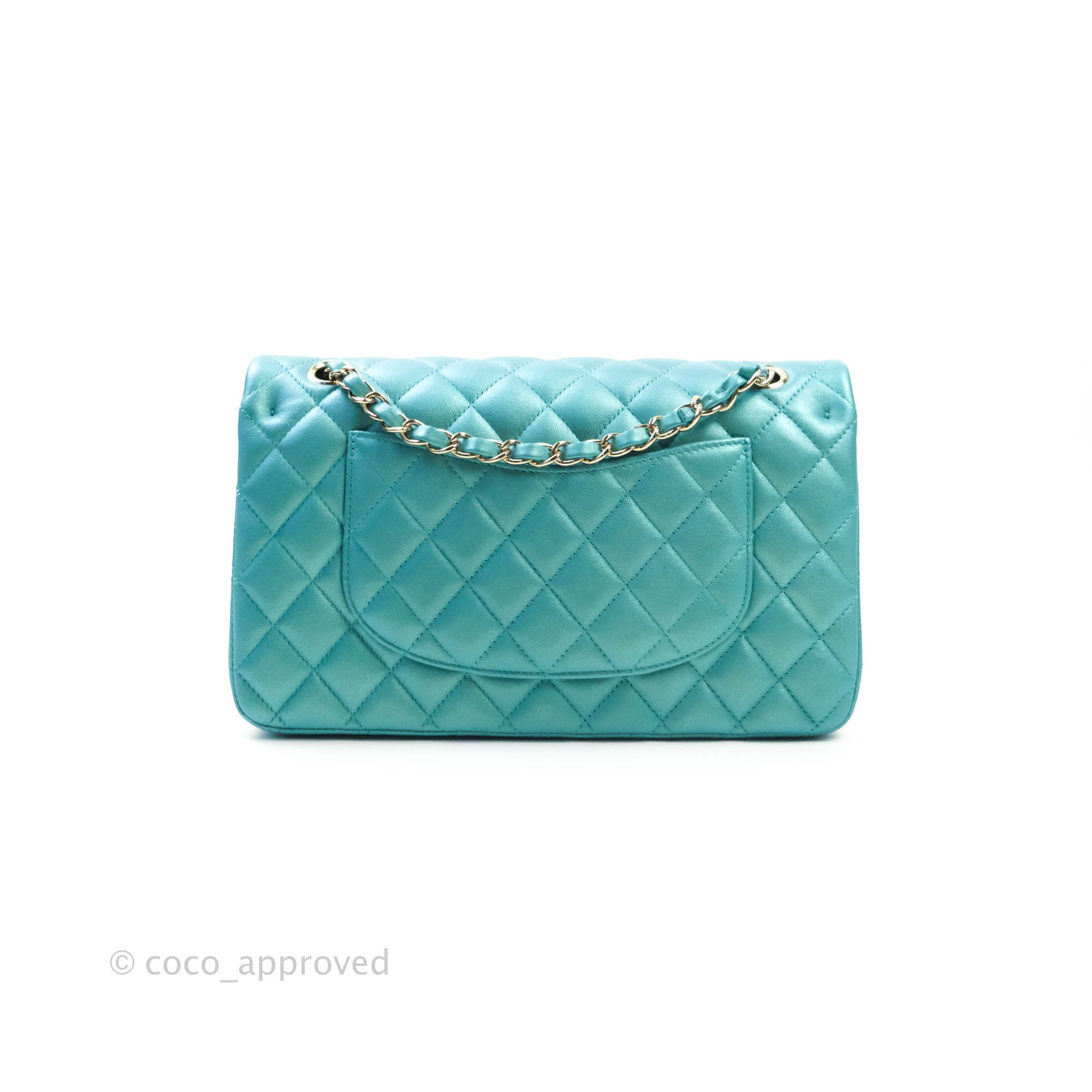 CHANEL Patent Calfskin Quilted Medium Double Flap Turquoise